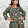 Kids Green Anarkali Kurti Pant Set in Cotton Sanganeri Print with Neck Detailing