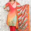 Sunset Orange Digital Print 3-Piece Cotton Suit with Beaded Hem Detailing