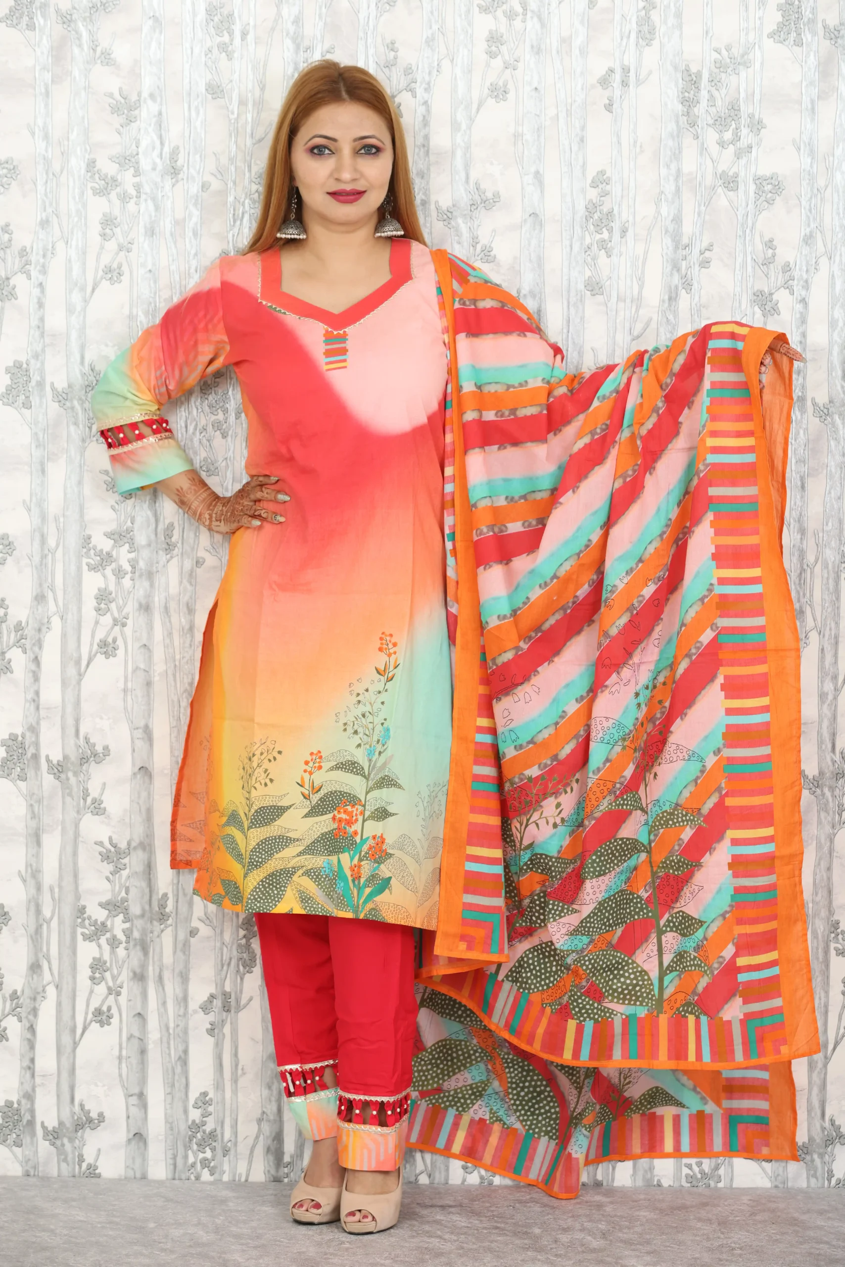 Sunset Orange Digital Print 3-Piece Cotton Suit with Beaded Hem Detailing