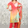 Sunset Orange Digital Print 3-Piece Cotton Suit with Beaded Hem Detailing