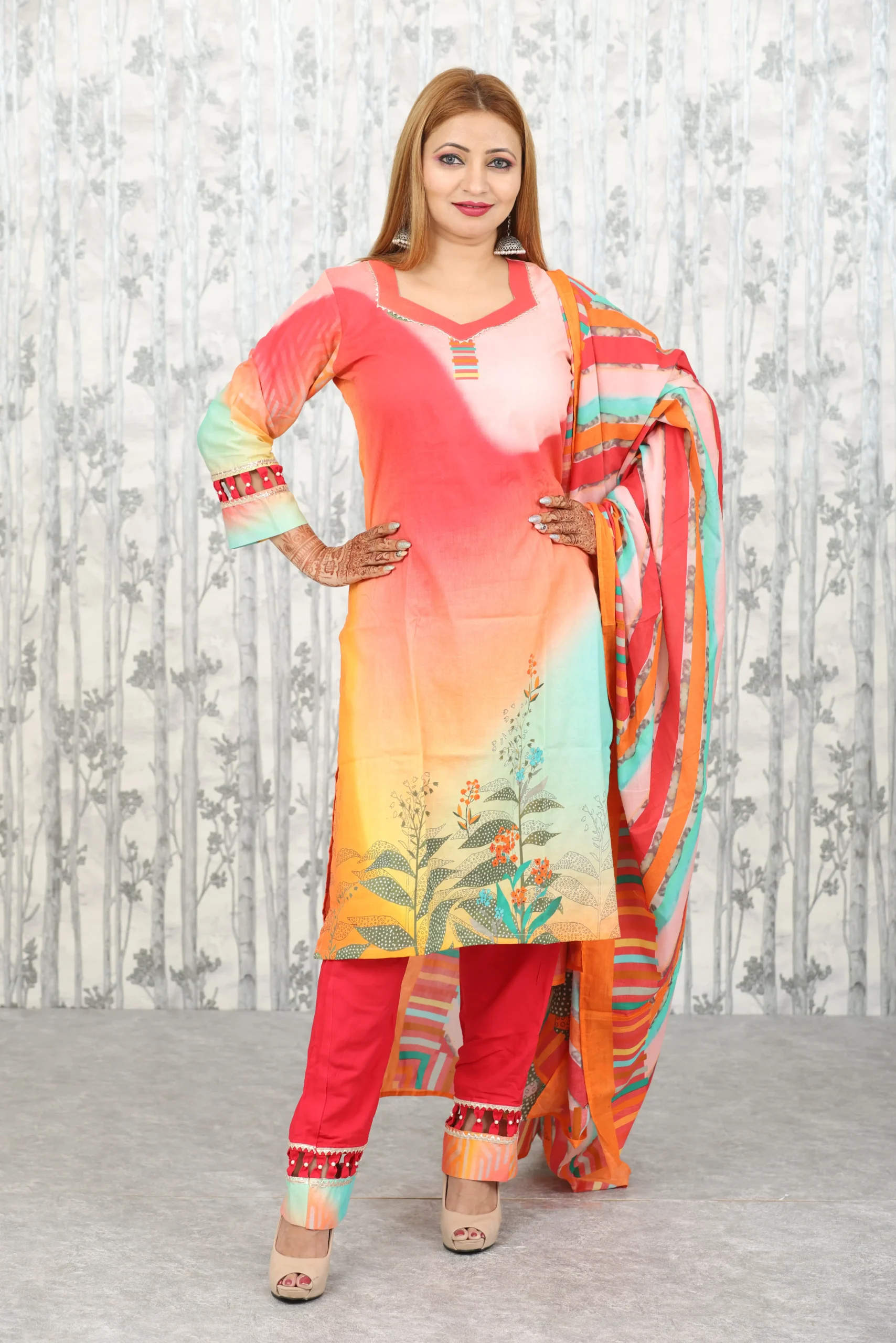Sunset Orange Digital Print 3-Piece Cotton Suit with Beaded Hem Detailing