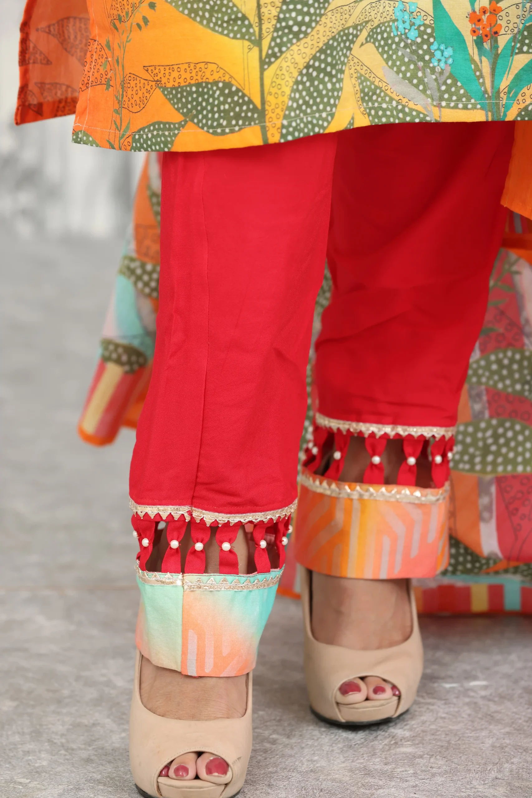 Sunset Orange Digital Print 3-Piece Cotton Suit with Beaded Hem Detailing