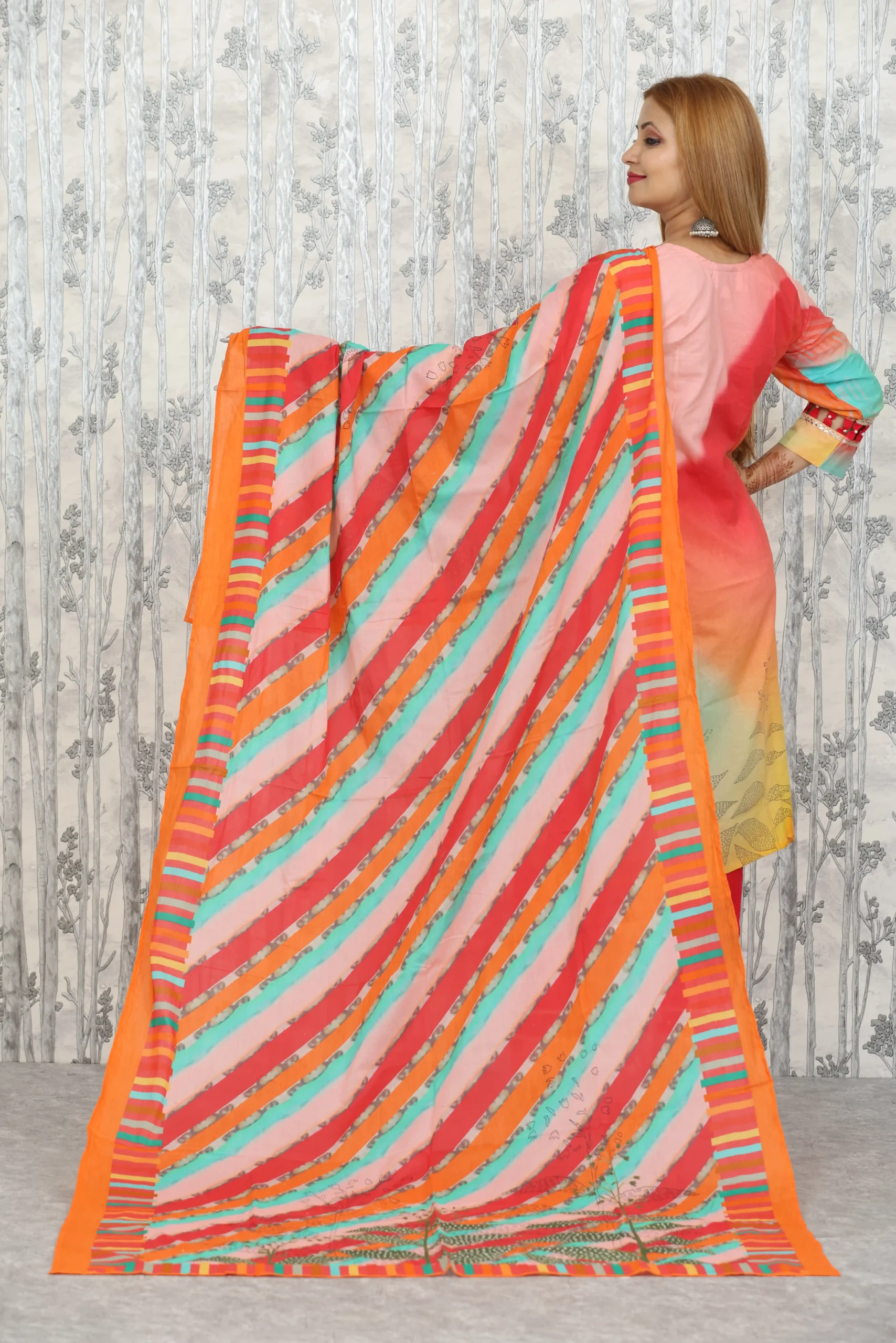 Sunset Orange Digital Print 3-Piece Cotton Suit with Beaded Hem Detailing