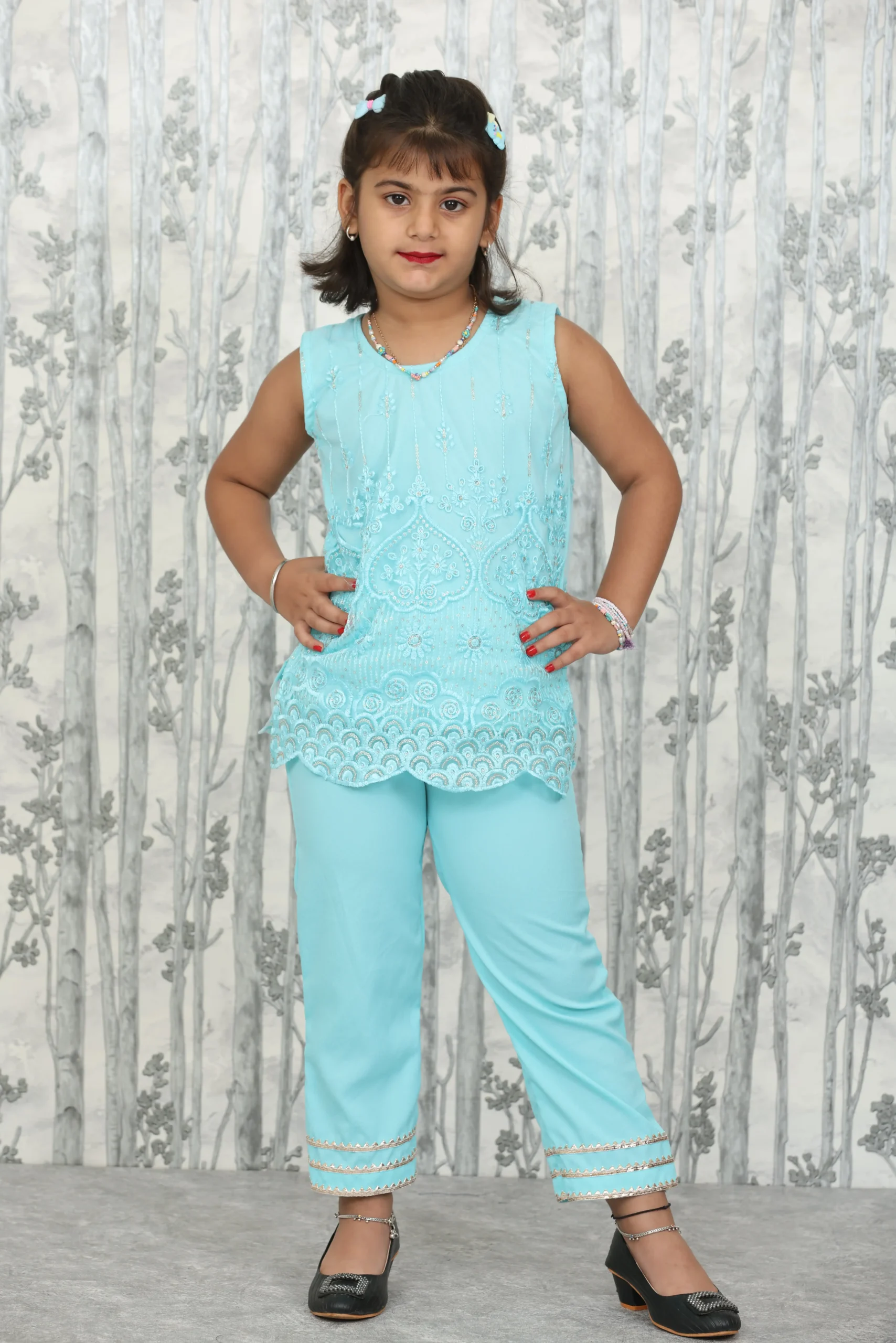 Sky Blue 2-Piece Embroidered Kids Set in Delta and Net Fabric