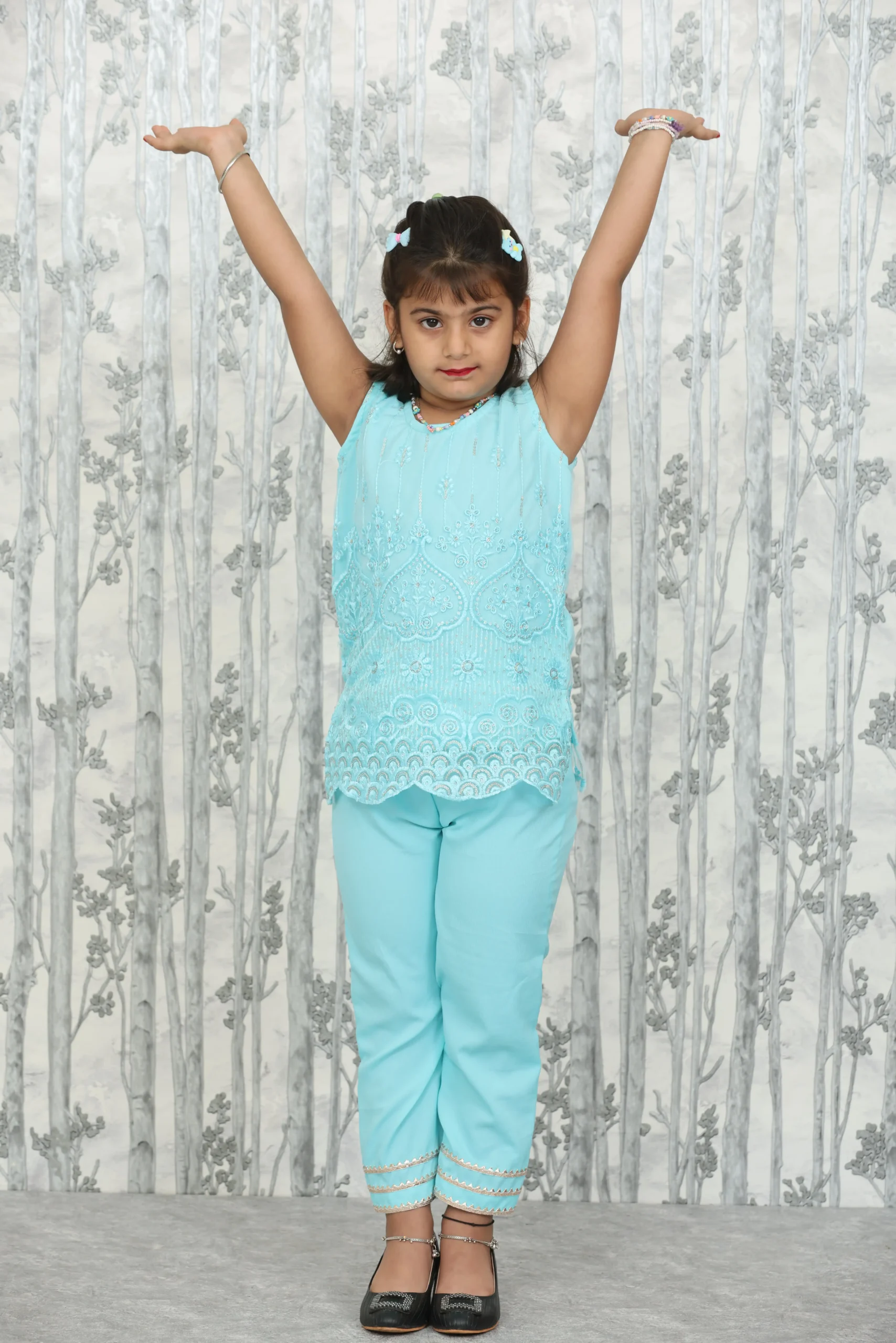 Sky Blue 2-Piece Embroidered Kids Set in Delta and Net Fabric