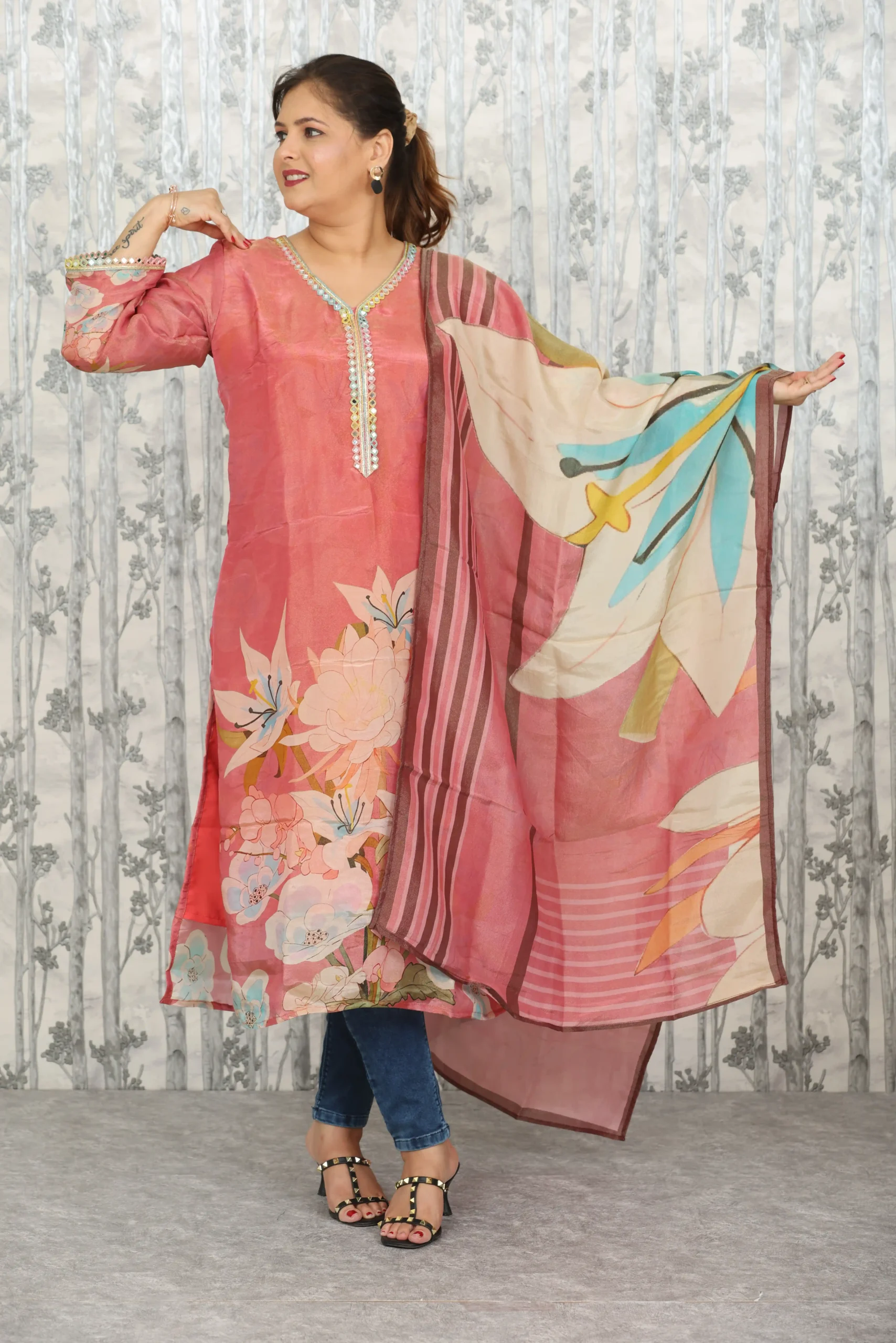 Peach Floral Chanderi Kurti with Multicolor Dupatta – 2 Pc Set