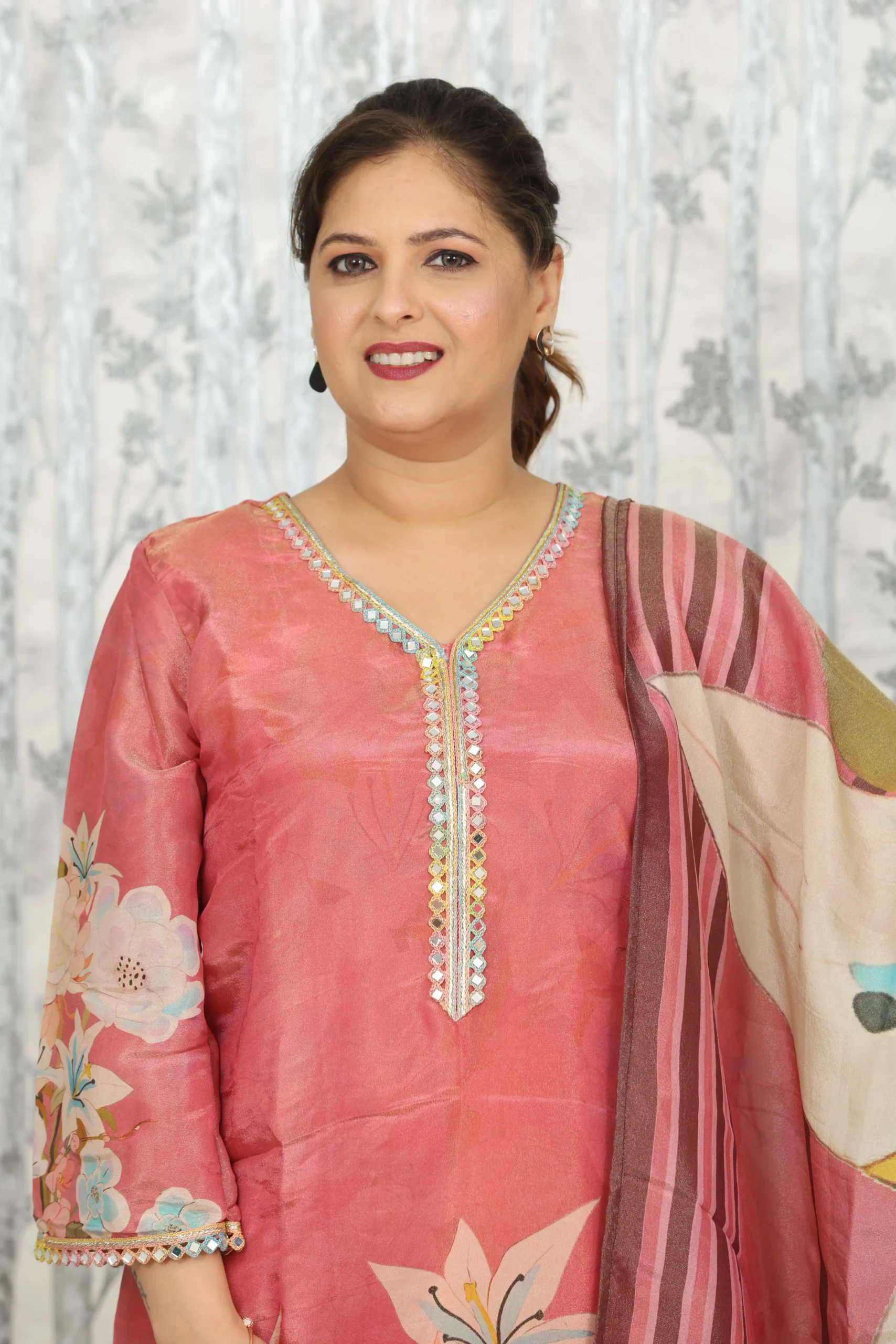Peach Floral Chanderi Kurti with Multicolor Dupatta – 2 Pc Set