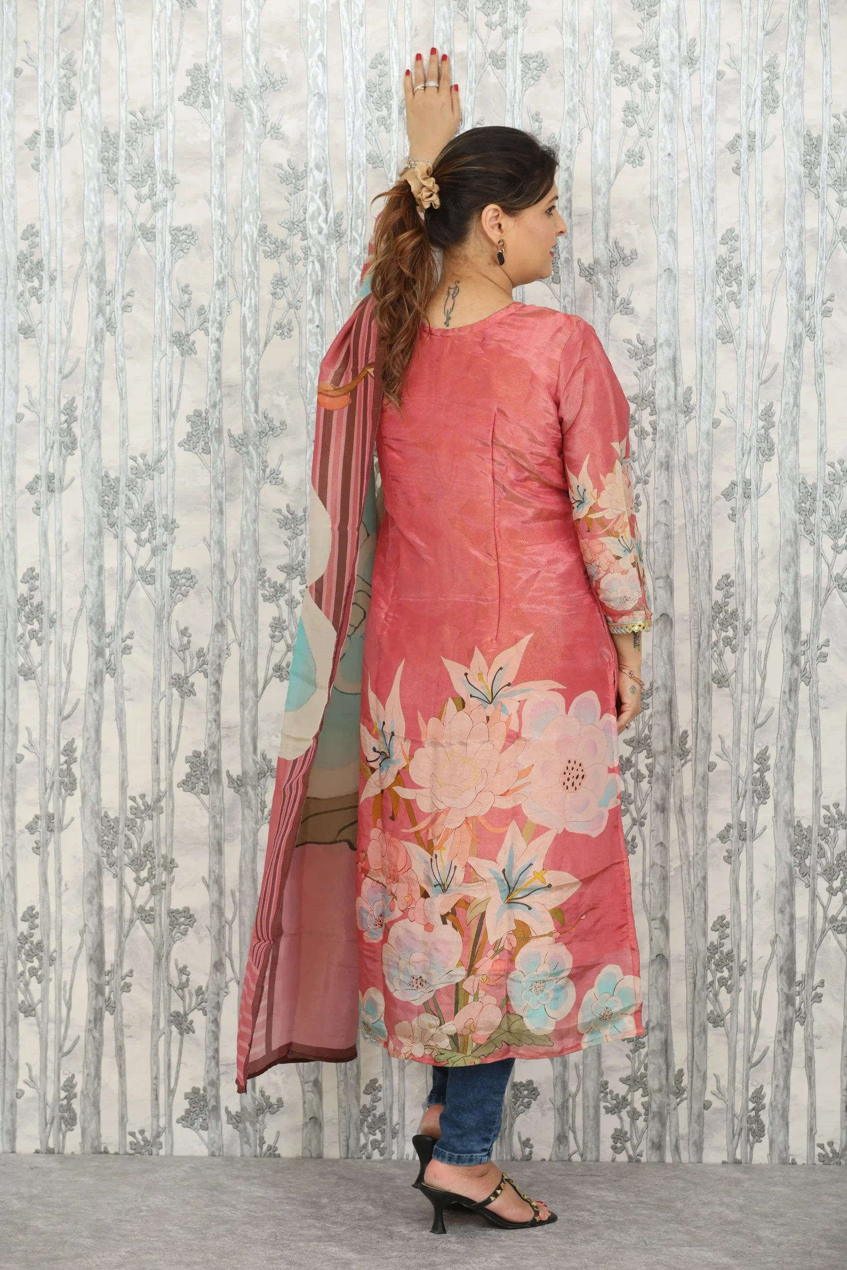 Peach Floral Chanderi Kurti with Multicolor Dupatta – 2 Pc Set