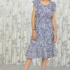 Indigo Ikat Print Midi Dress with Frilled Sleeves