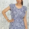 Indigo Ikat Print Midi Dress with Frilled Sleeves