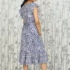 Indigo Ikat Print Midi Dress with Frilled Sleeves