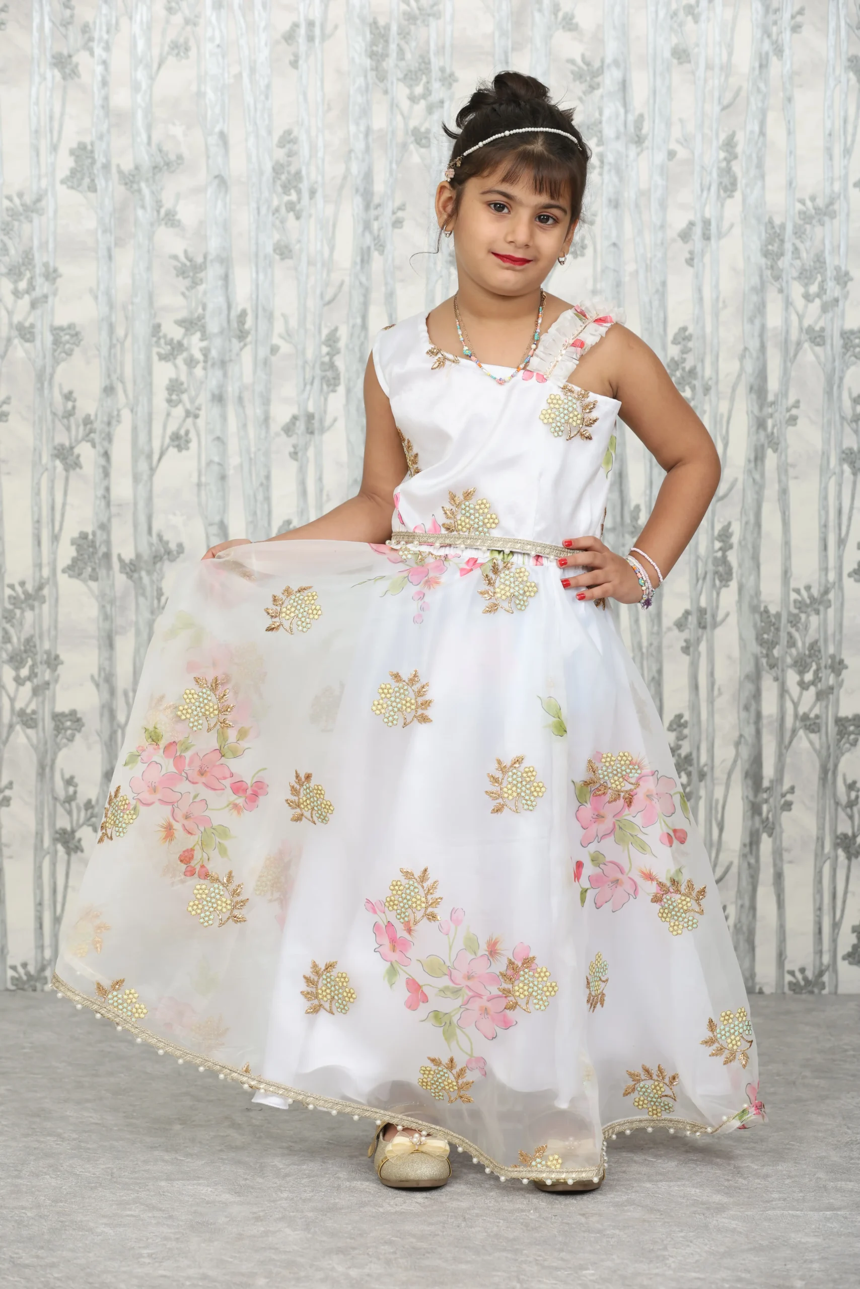 White Organza Kids 3-Piece Set with One-Shoulder Top and Dupatta