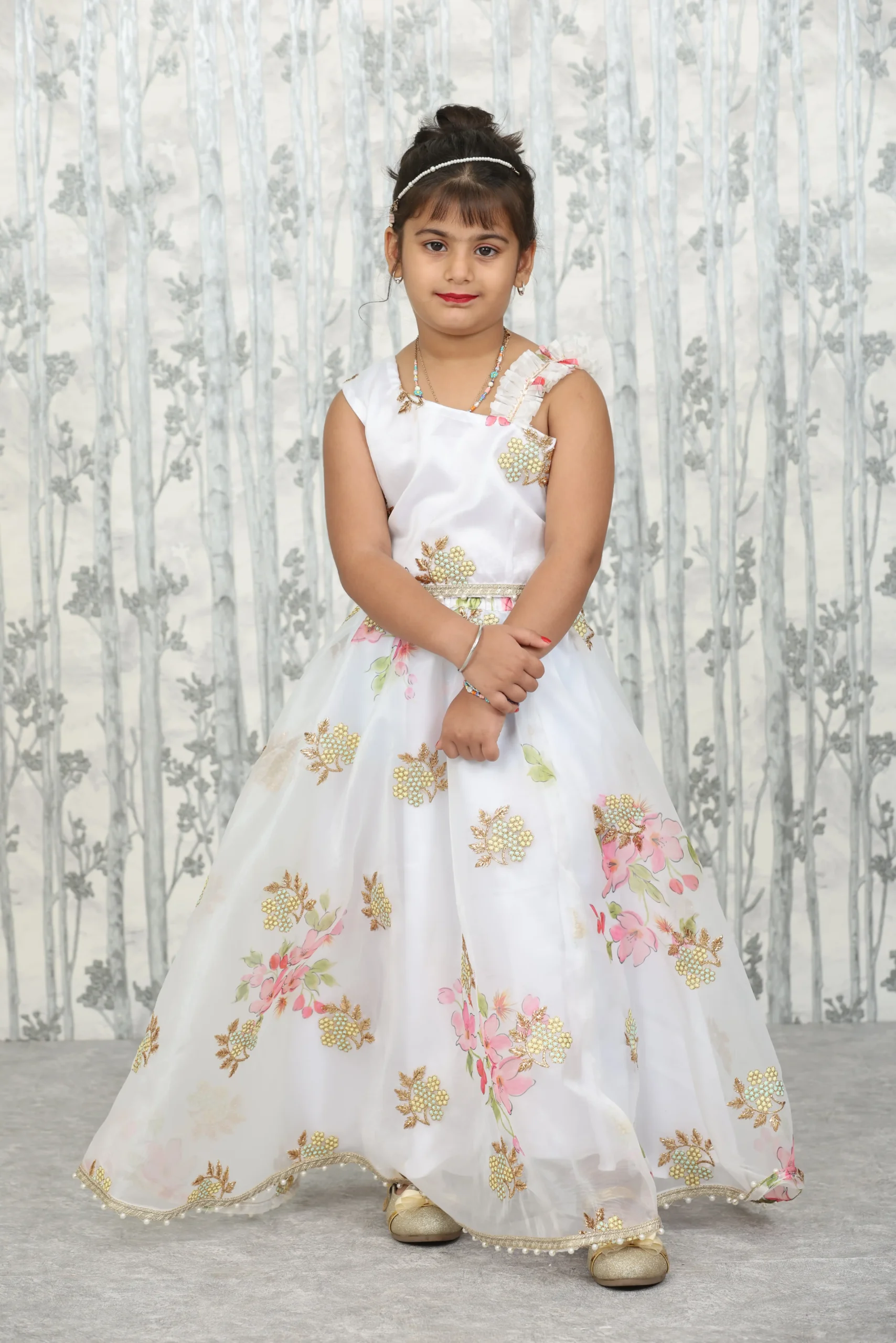 White Organza Kids 3-Piece Set with One-Shoulder Top and Dupatta
