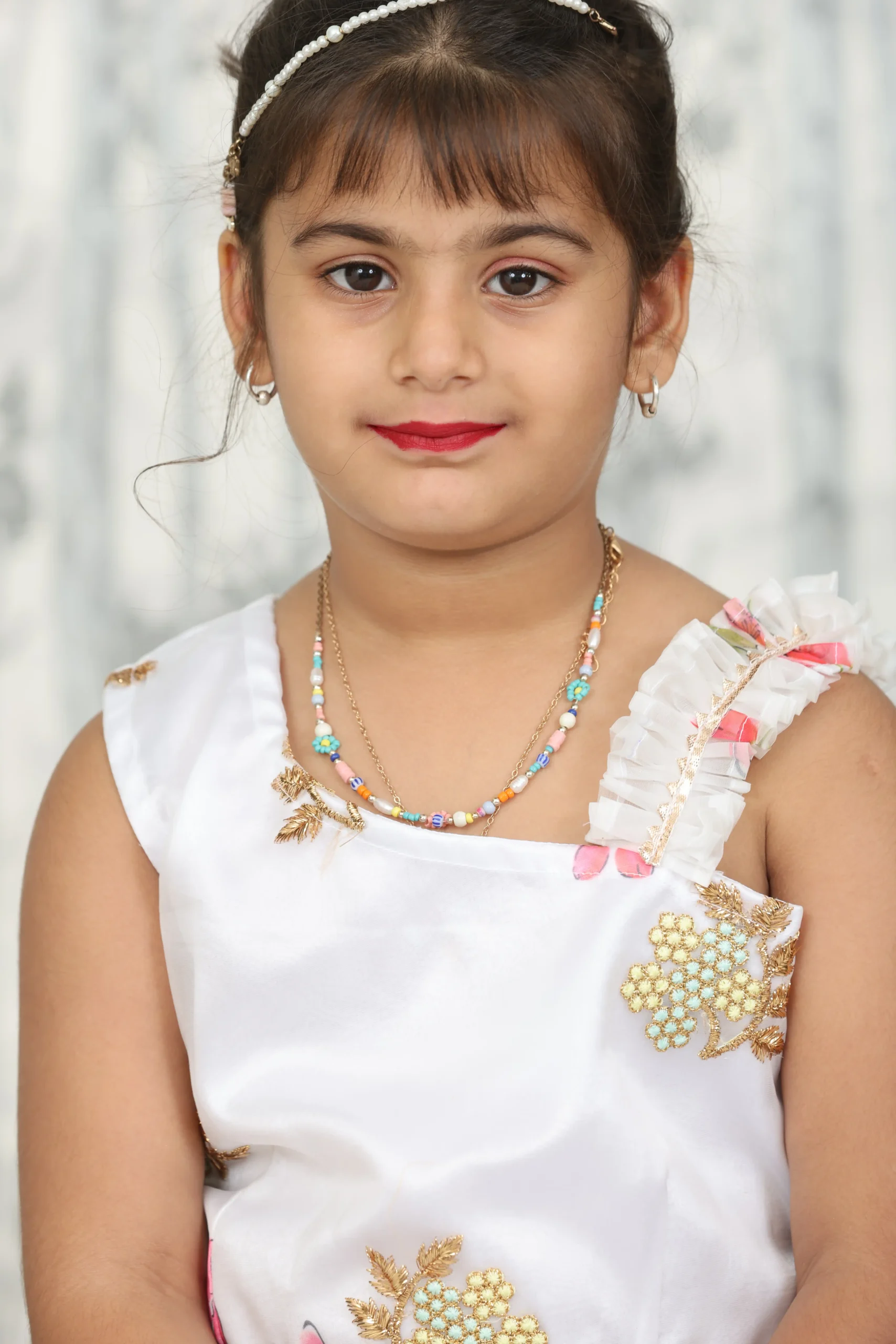 White Organza Kids 3-Piece Set with One-Shoulder Top and Dupatta