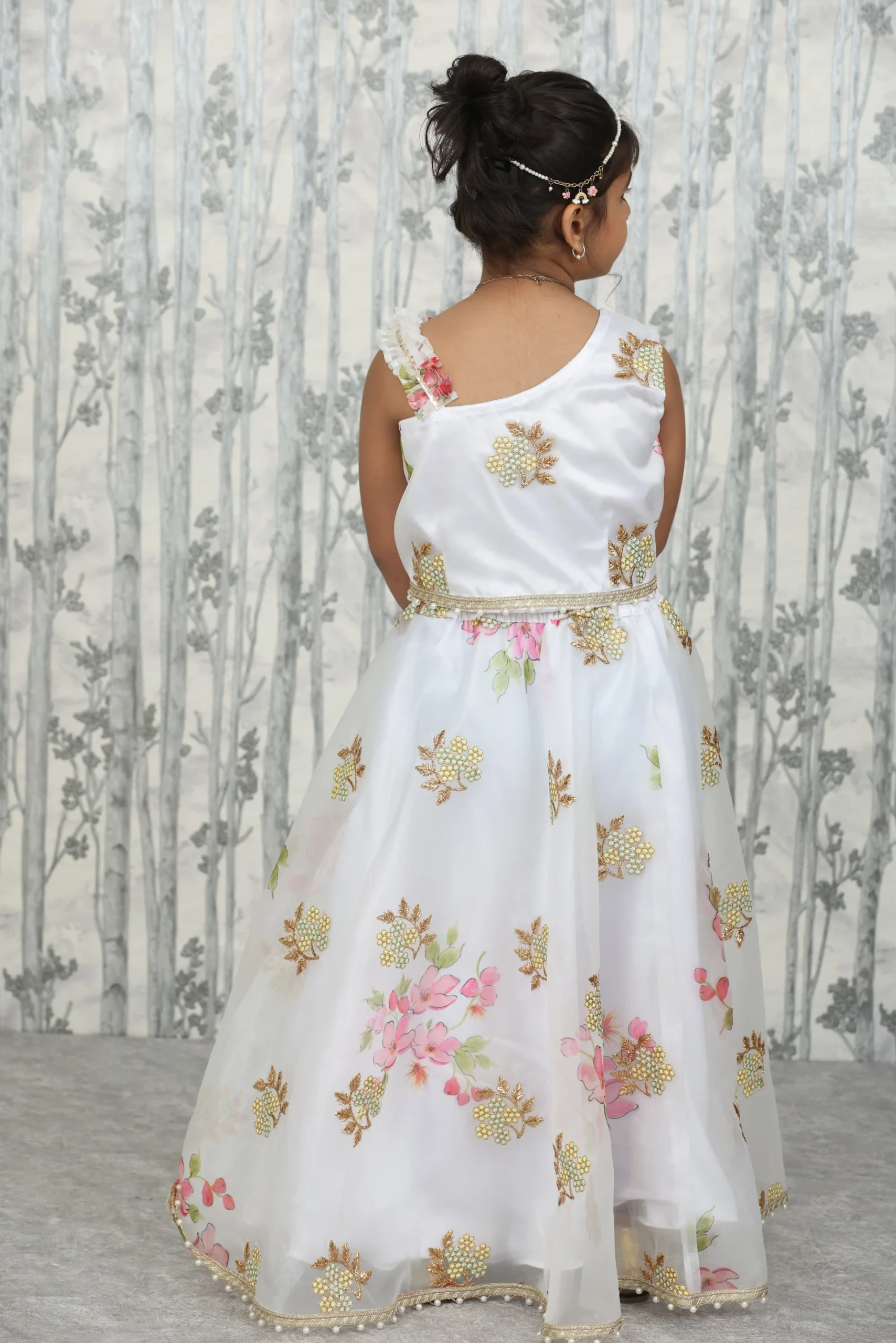 White Organza Kids 3-Piece Set with One-Shoulder Top and Dupatta