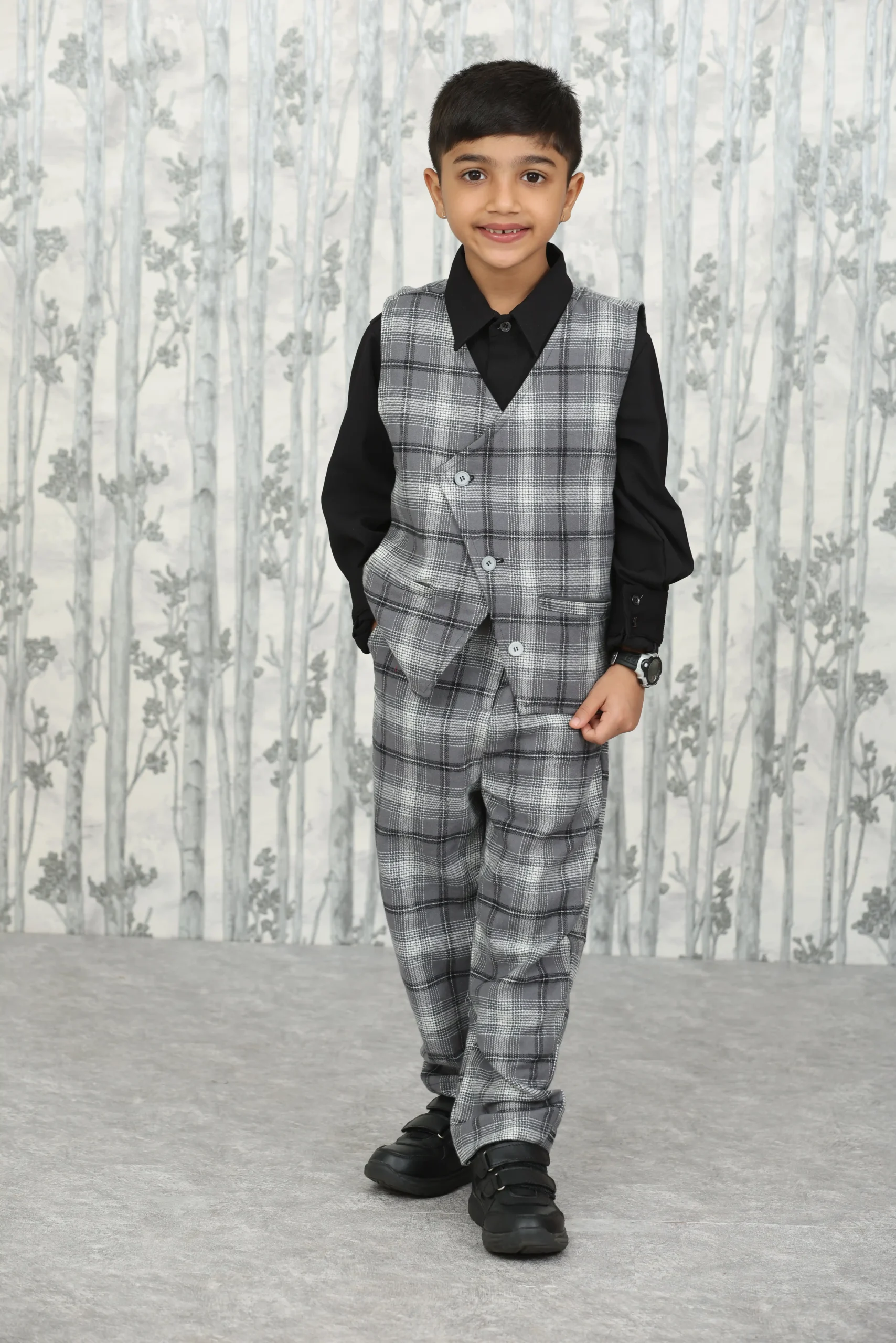 Boys' 3-Piece Formal Dress – Grey Checked Waistcoat, Pants & Black Shirt in Premium Fabric