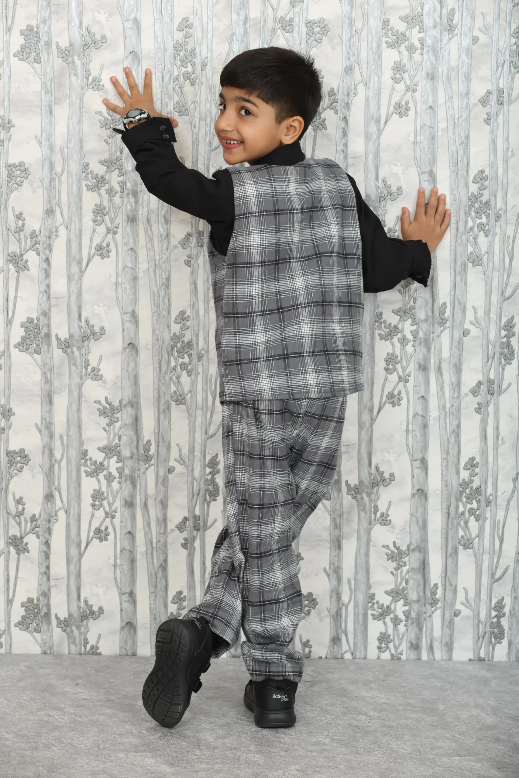 Boys' 3-Piece Formal Dress – Grey Checked Waistcoat, Pants & Black Shirt in Premium Fabric