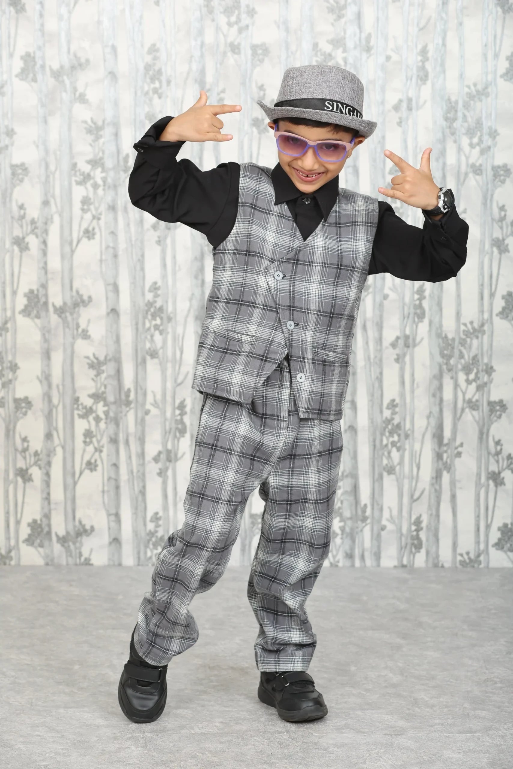 Boys' 3-Piece Formal Dress – Grey Checked Waistcoat, Pants & Black Shirt in Premium Fabric