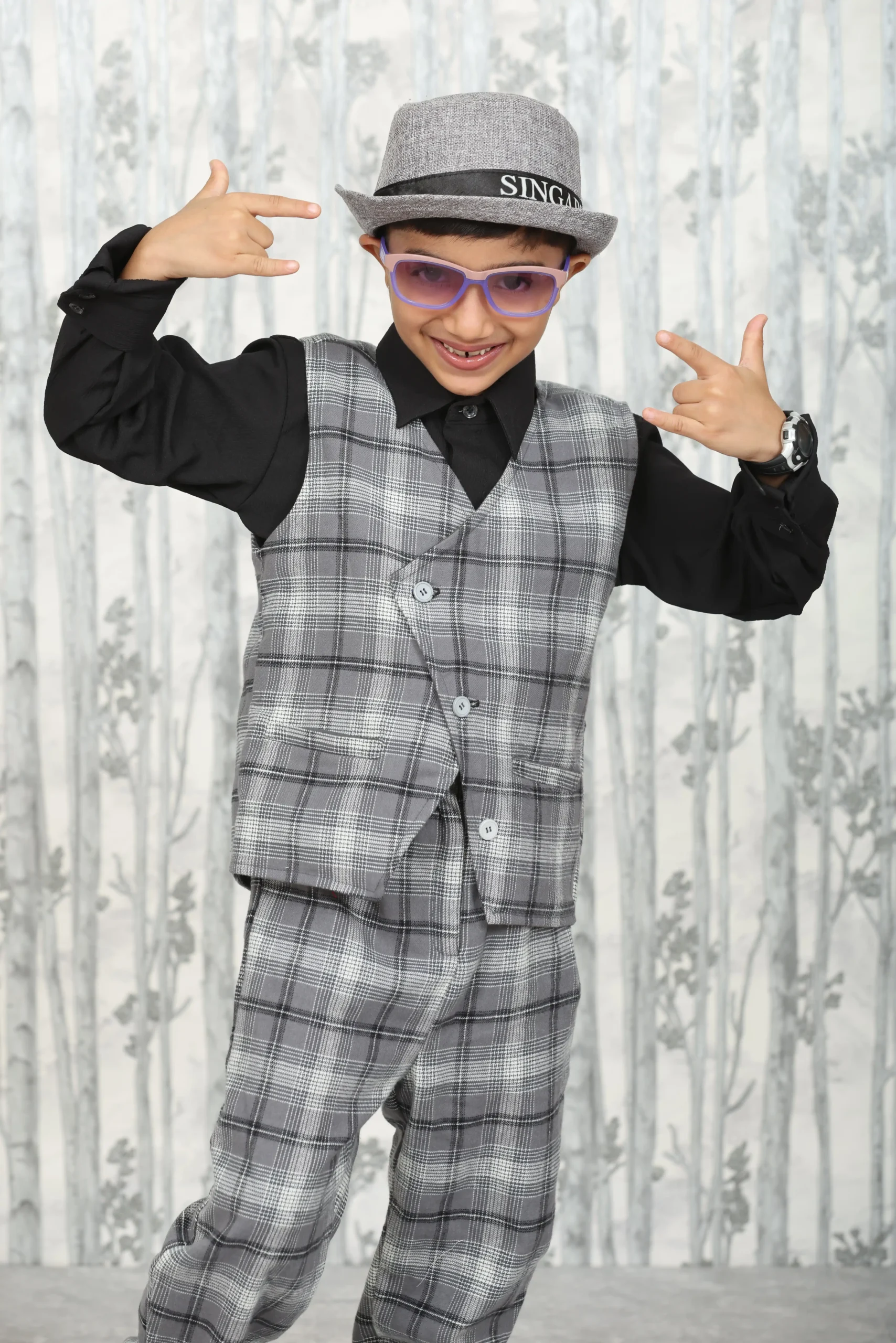Boys' 3-Piece Formal Dress – Grey Checked Waistcoat, Pants & Black Shirt in Premium Fabric
