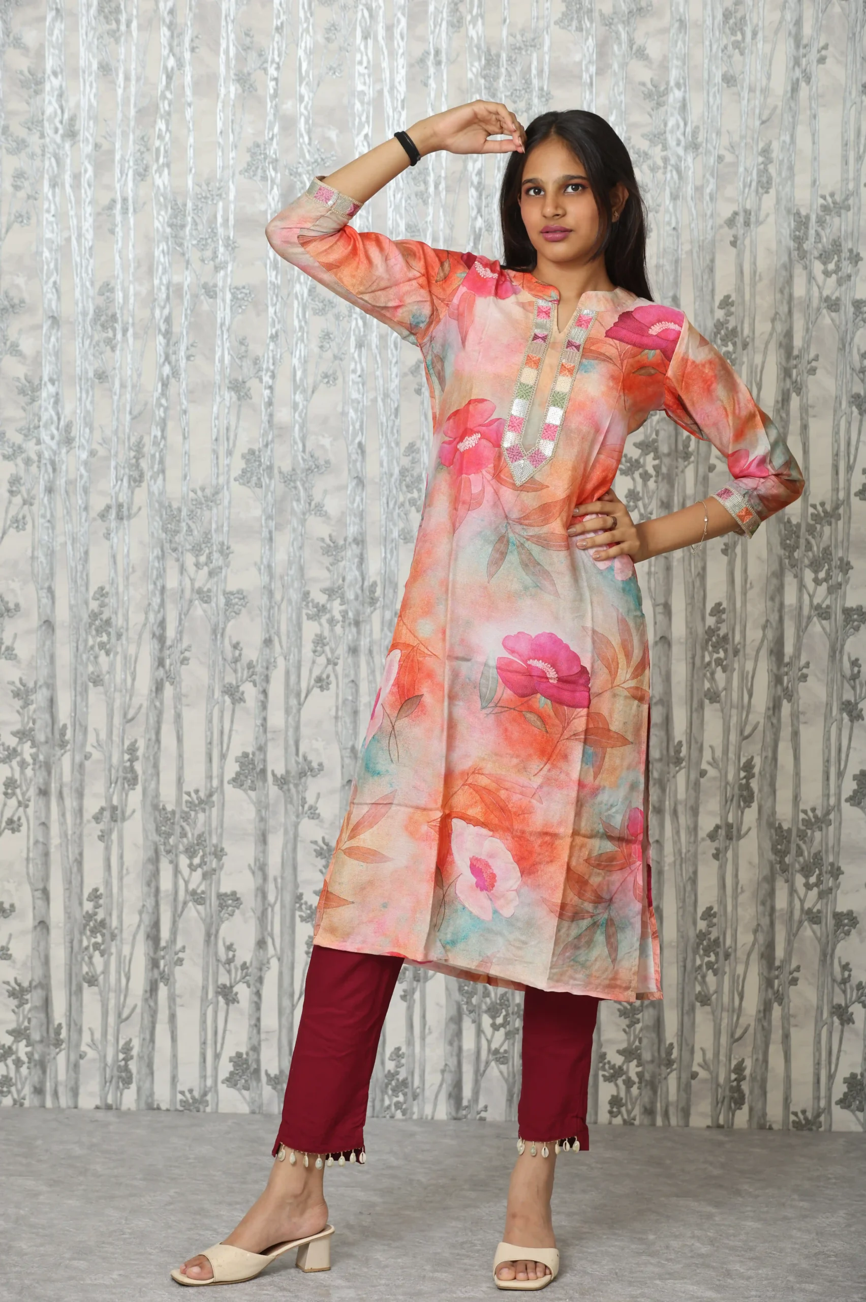 Floral Digital Print Kurti with Maroon Rayon Pants – Kaudi Detailing