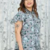 Grey Digital Floral Top with Frilled Collar