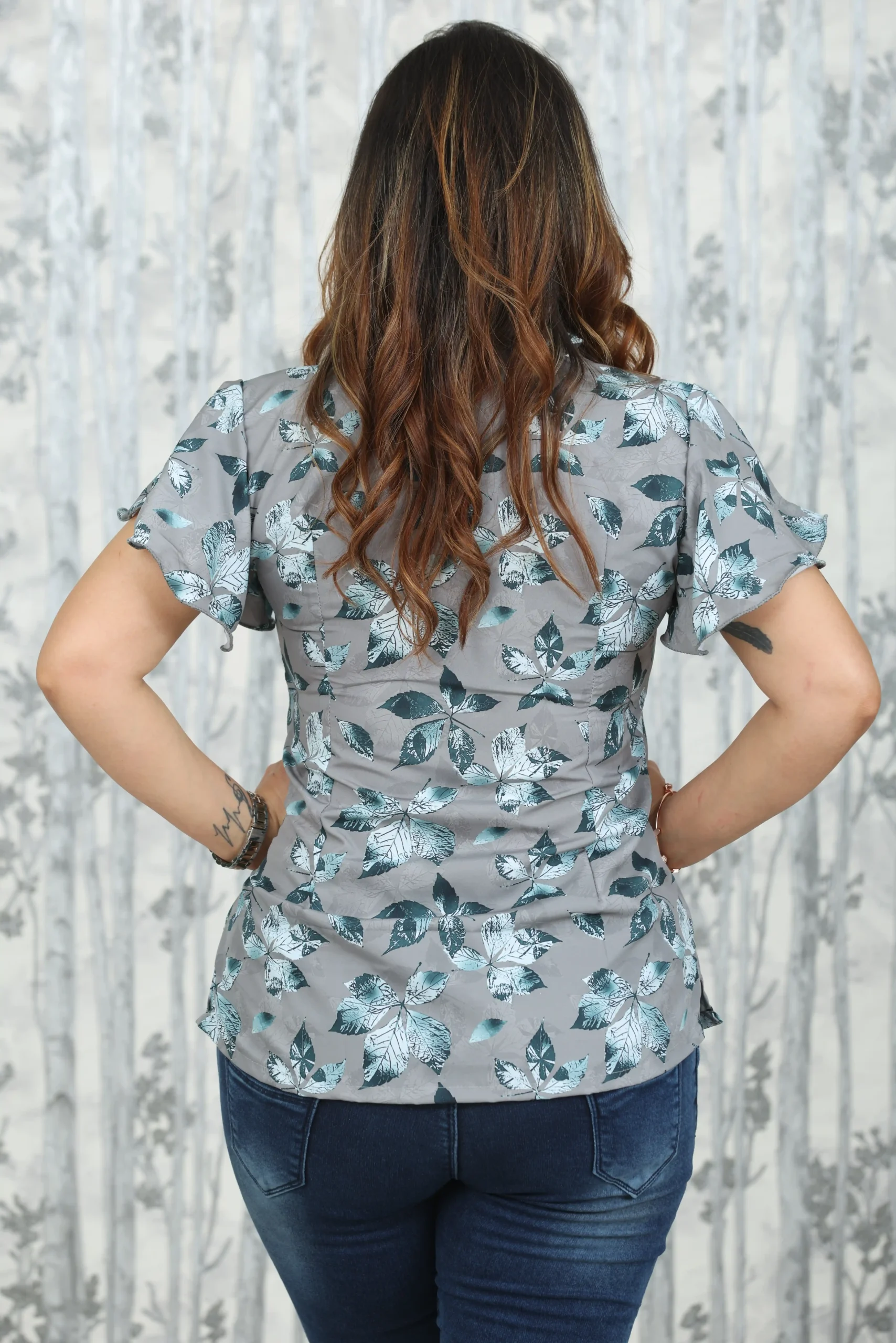 Grey Digital Floral Top with Frilled Collar