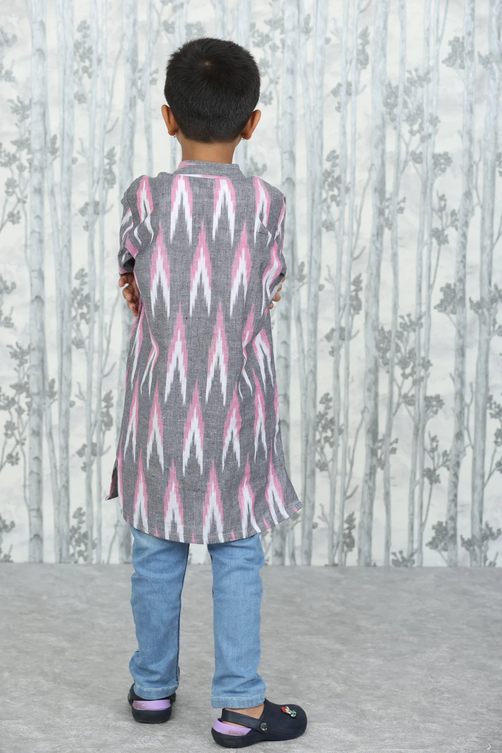 Boys' Ikat Cotton Kurta – Pink & Grey