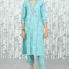 Aqua Blue Monga Silk Suit Set with Parsi Lace Detailing