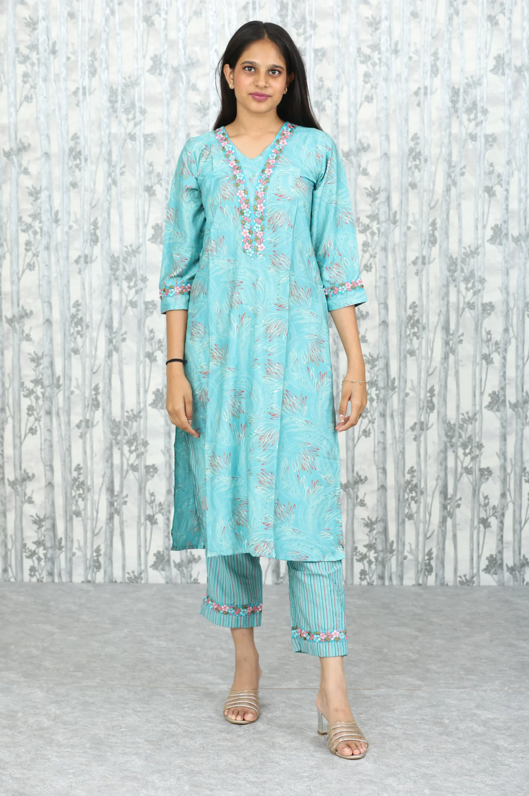 Aqua Blue Monga Silk Suit Set with Parsi Lace Detailing