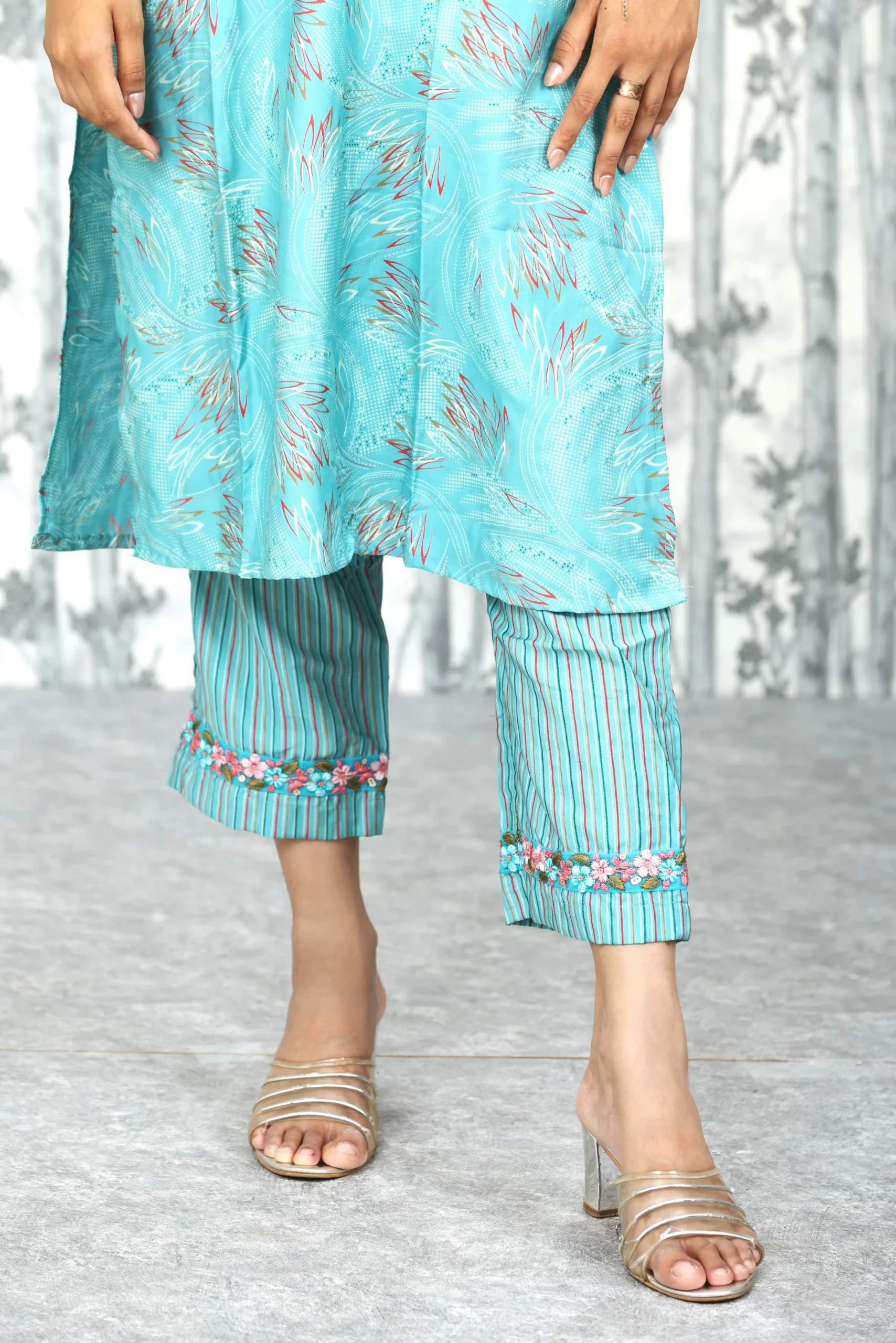 Aqua Blue Monga Silk Suit Set with Parsi Lace Detailing