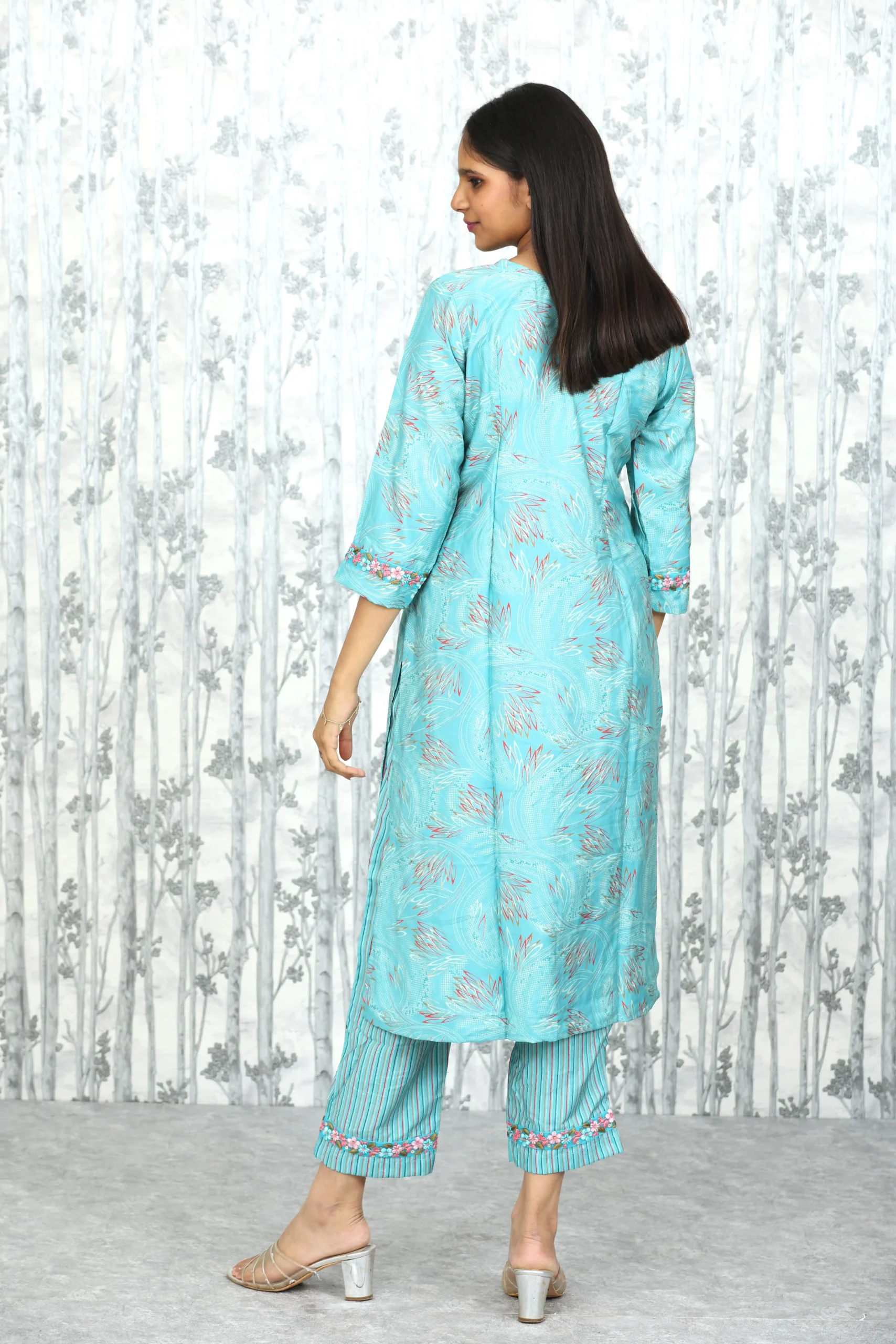 Aqua Blue Monga Silk Suit Set with Parsi Lace Detailing