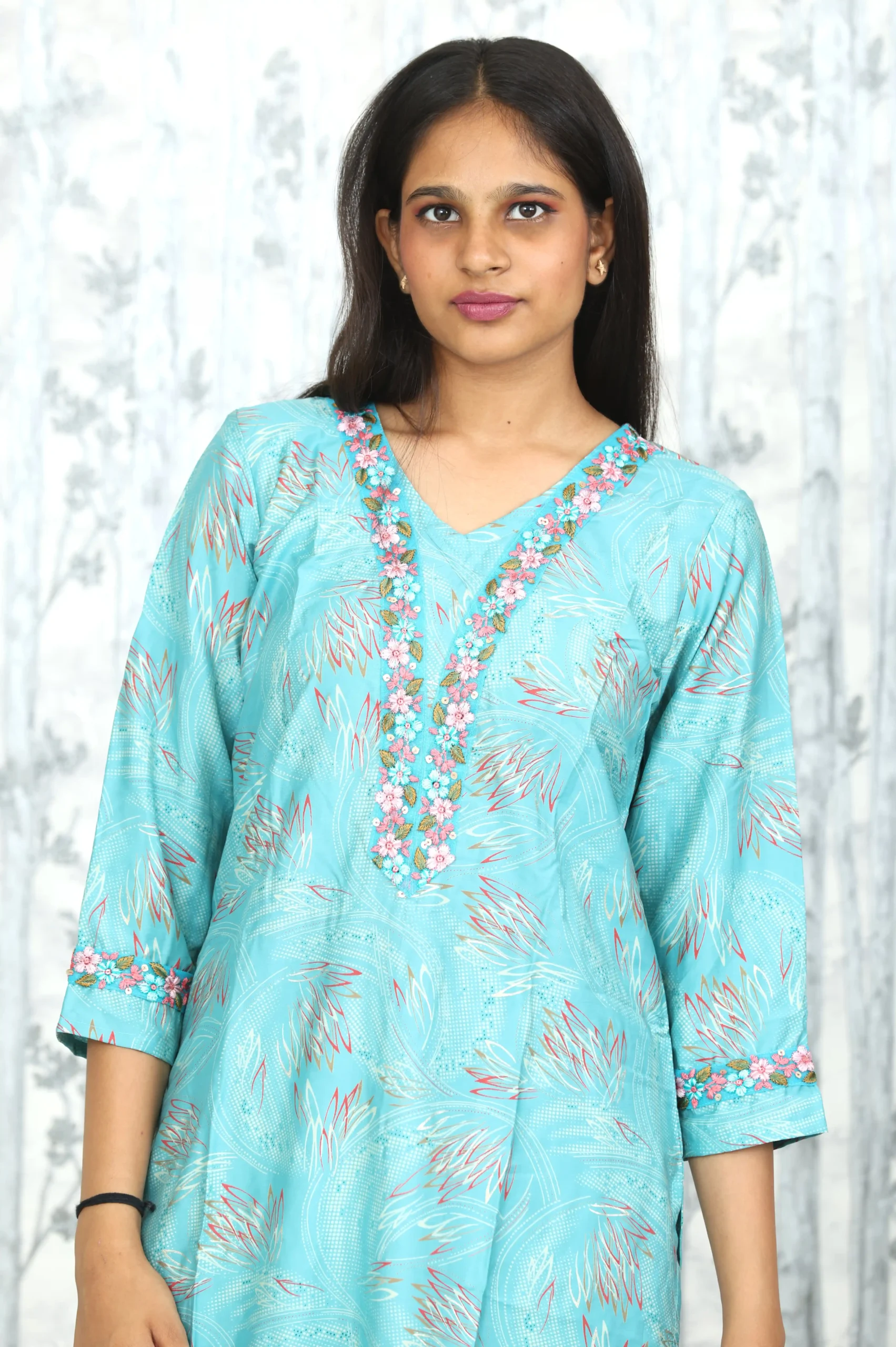 Aqua Blue Monga Silk Suit Set with Parsi Lace Detailing