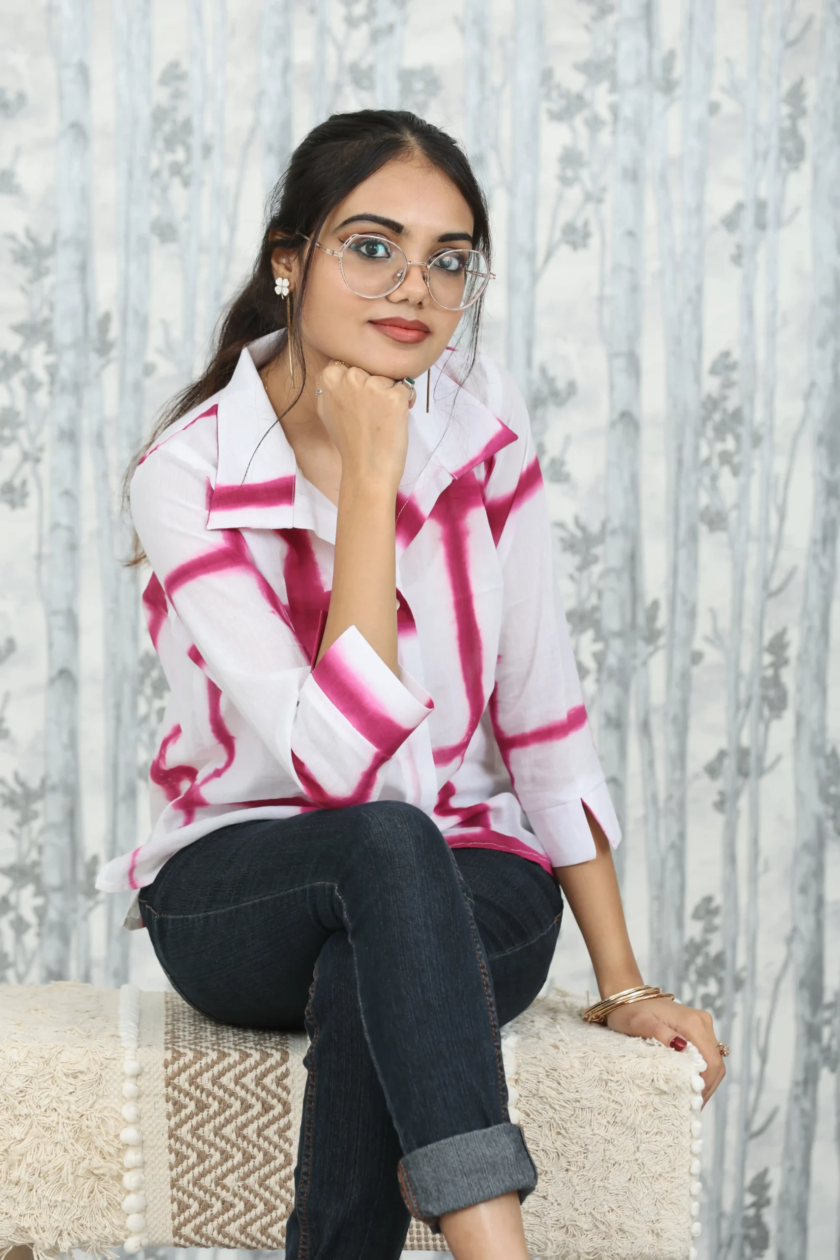 Magenta & White Tie-Dye Crop Shirt with Collar