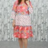 Coral Printed Tiered Cotton Rayon Dress with Pom-Pom Trim