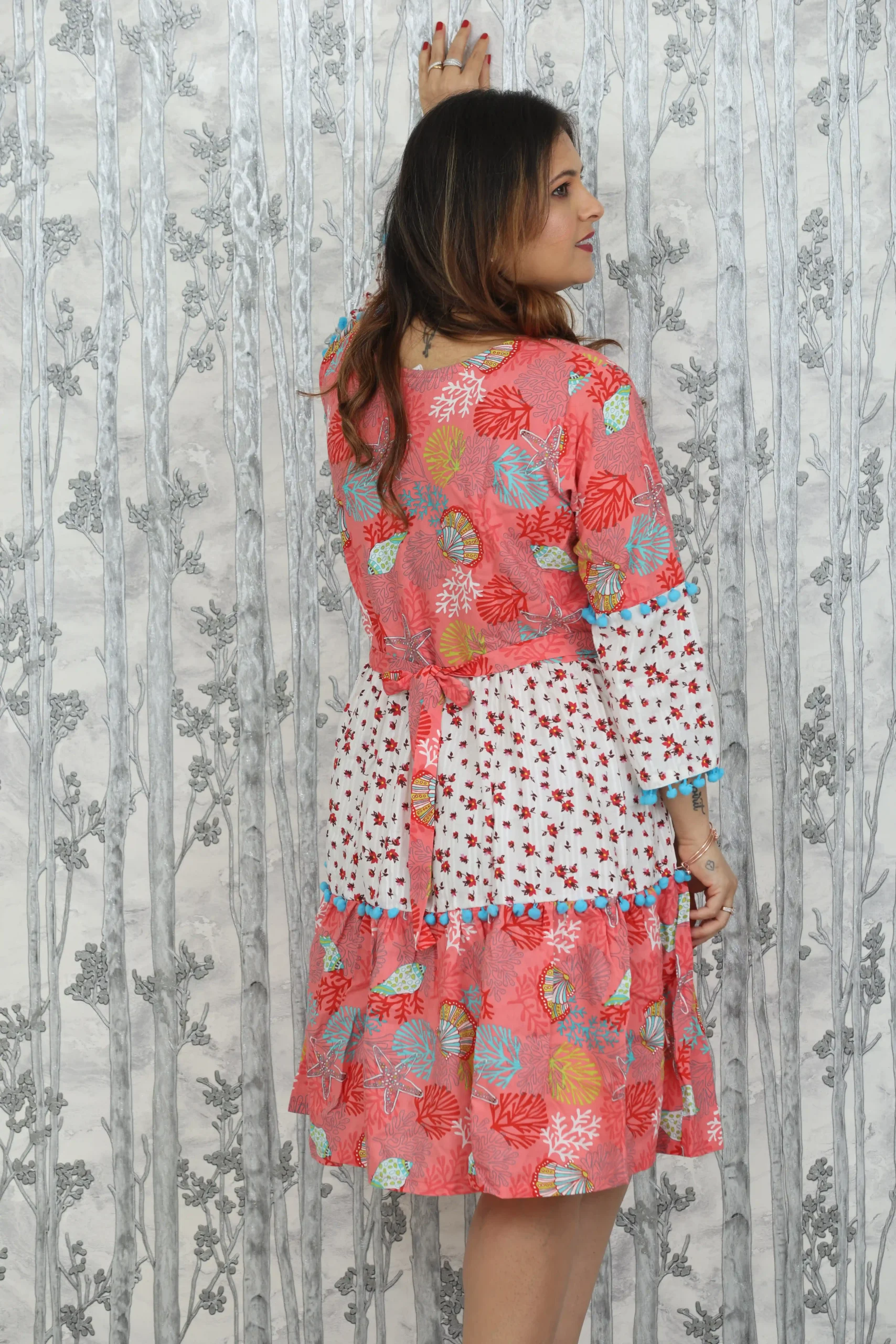 Coral Printed Tiered Cotton Rayon Dress with Pom-Pom Trim