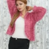 Pink Faux Fur Textured Jacket with Pearl Buttons