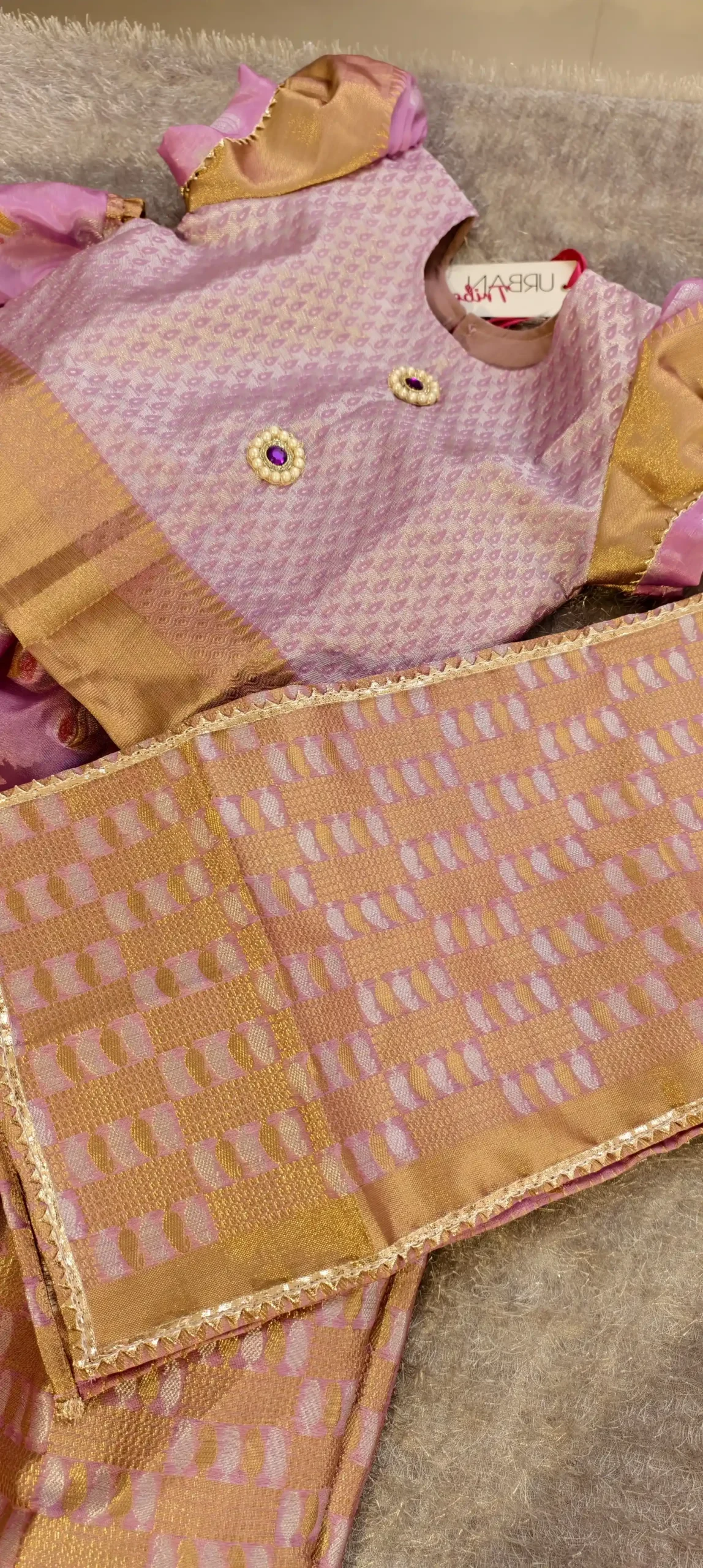 Lavender Banarasi Blend Chanderi 3 Pc Kids Set – Top, Skirt & Dupatta with Lining