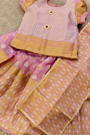 Lavender Banarasi Blend Chanderi 3 Pc Kids Set – Top, Skirt & Dupatta with Lining
