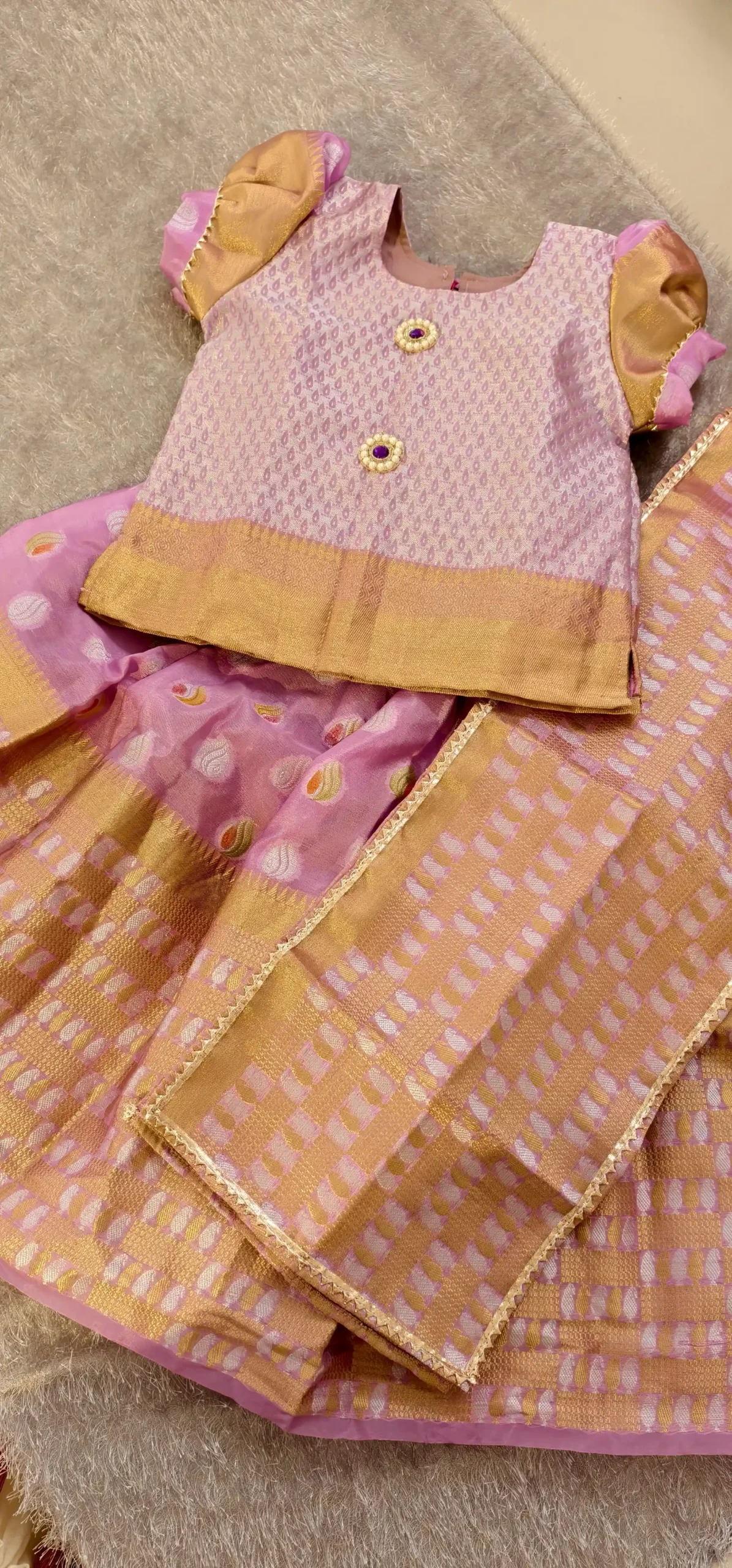 Lavender Banarasi Blend Chanderi 3 Pc Kids Set – Top, Skirt & Dupatta with Lining
