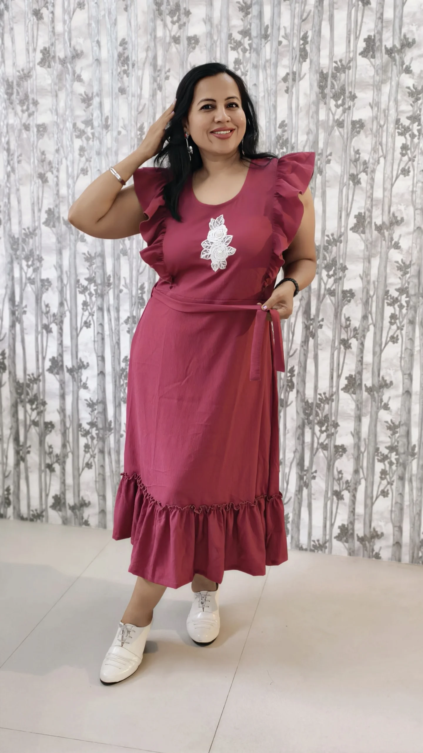 Pink Frilled Midi Dress with Embroidered Yoke