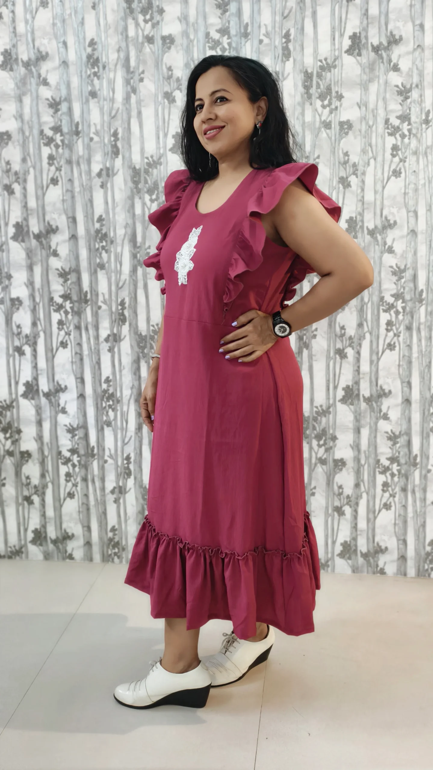 Pink Frilled Midi Dress with Embroidered Yoke