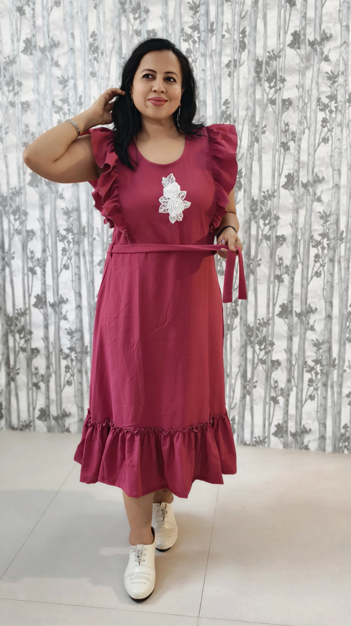 Pink Frilled Midi Dress with Embroidered Yoke