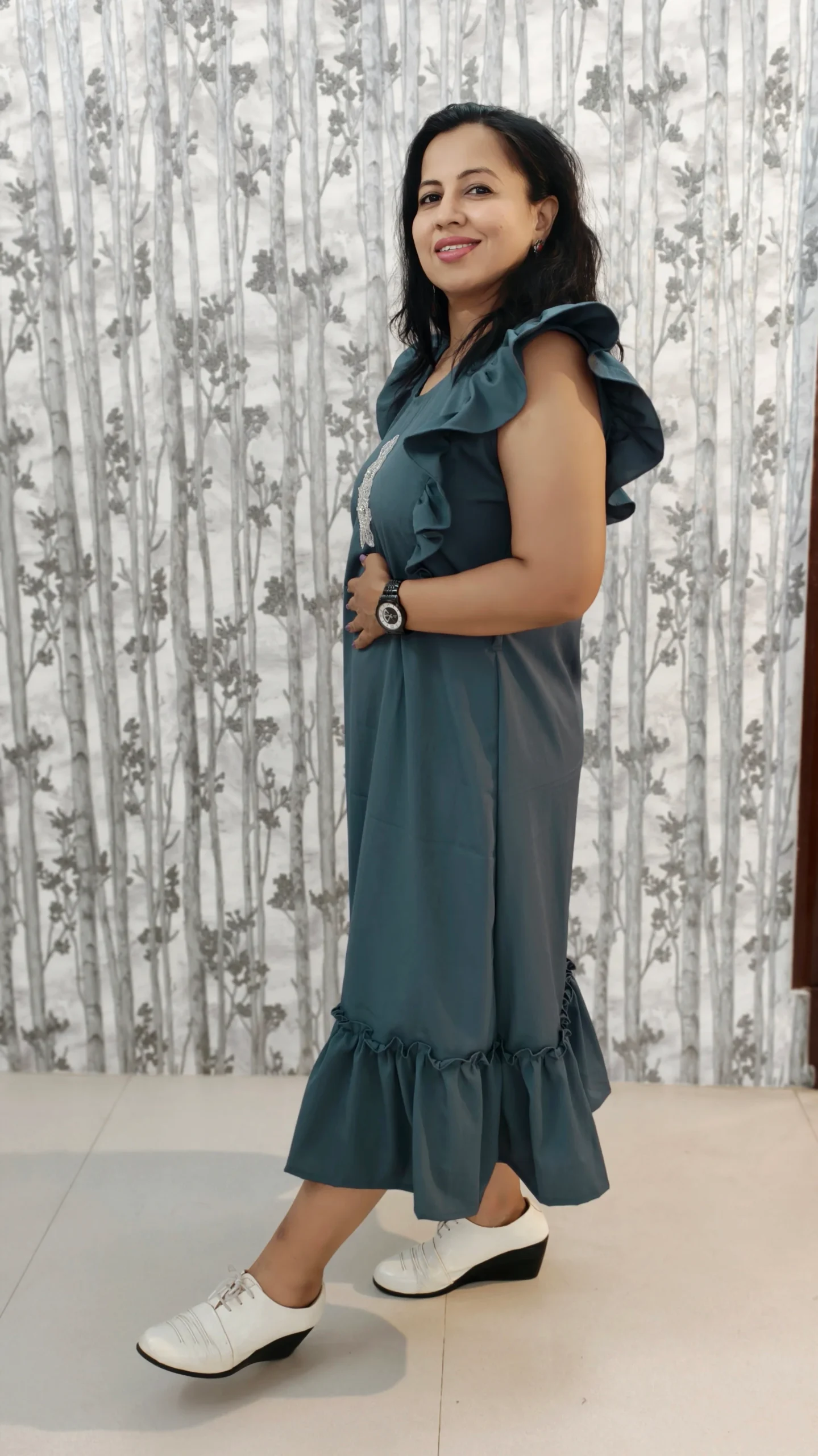 Grey Frilled Midi Dress with Embroidered Yoke
