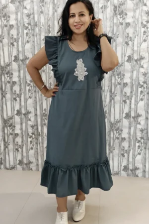 Grey Frilled Midi Dress with Embroidered Yoke