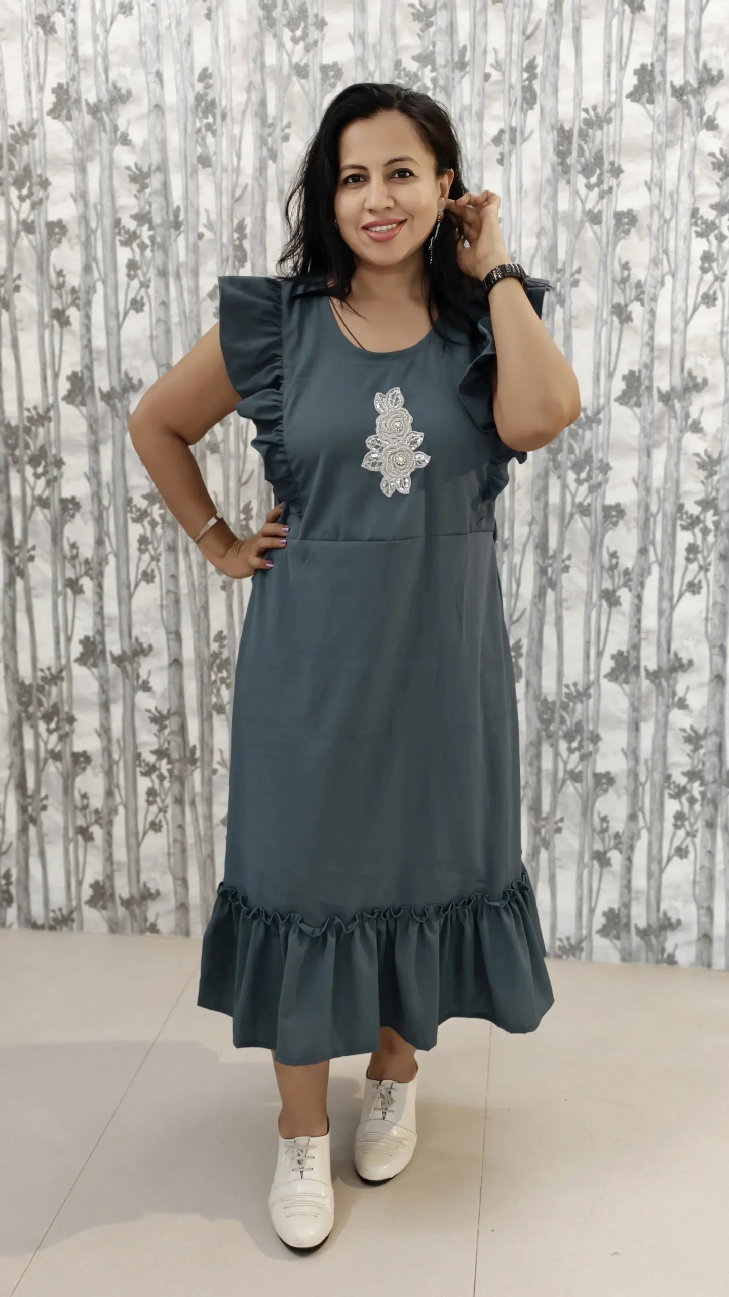 Grey Frilled Midi Dress with Embroidered Yoke