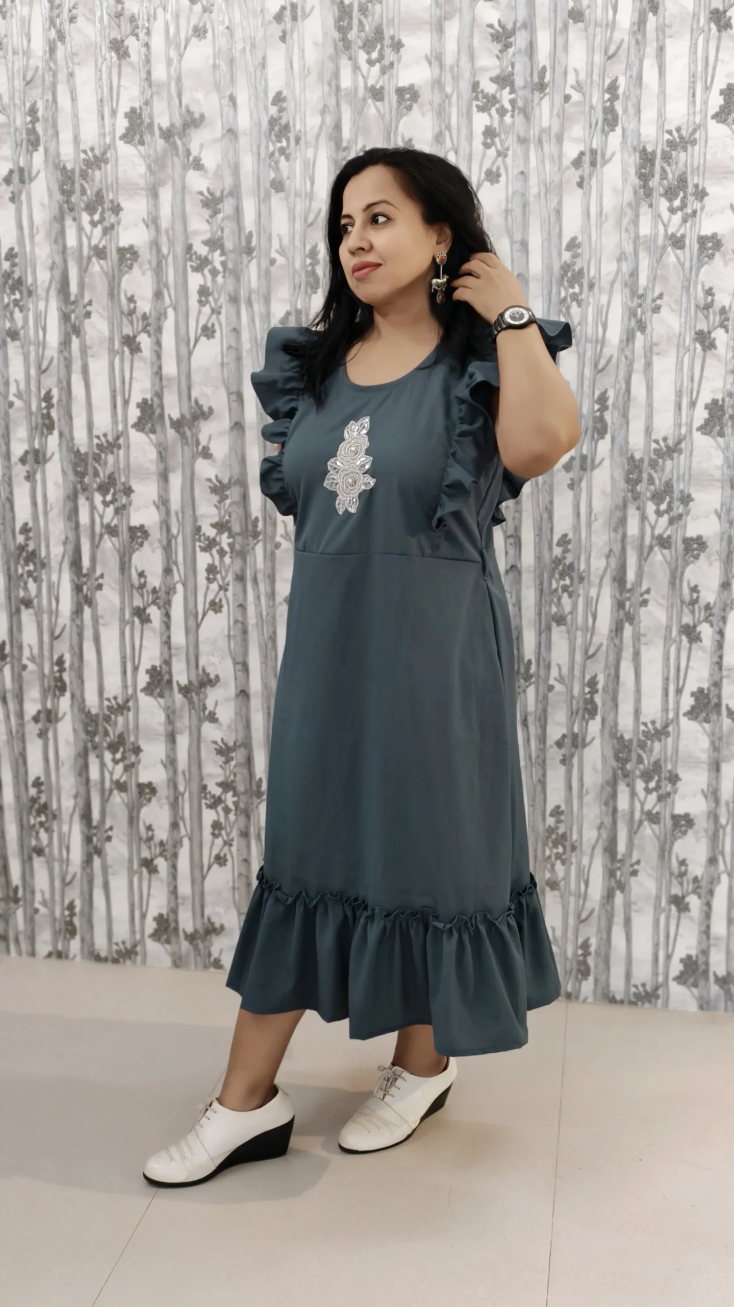 Grey Frilled Midi Dress with Embroidered Yoke