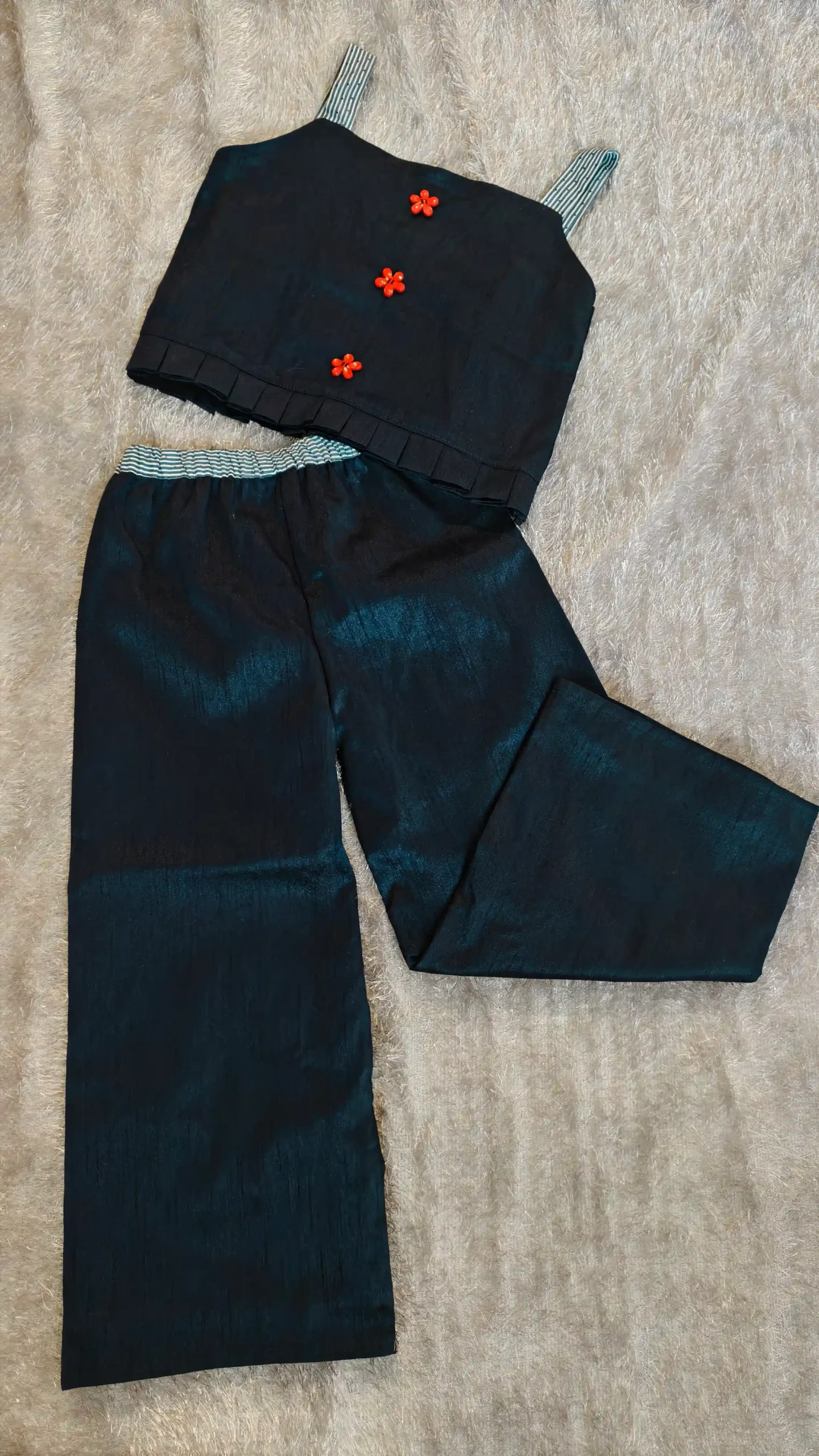 Navy Blue Raw Silk 2-Piece Dress with Red Floral Accents – Nine2Five Kids