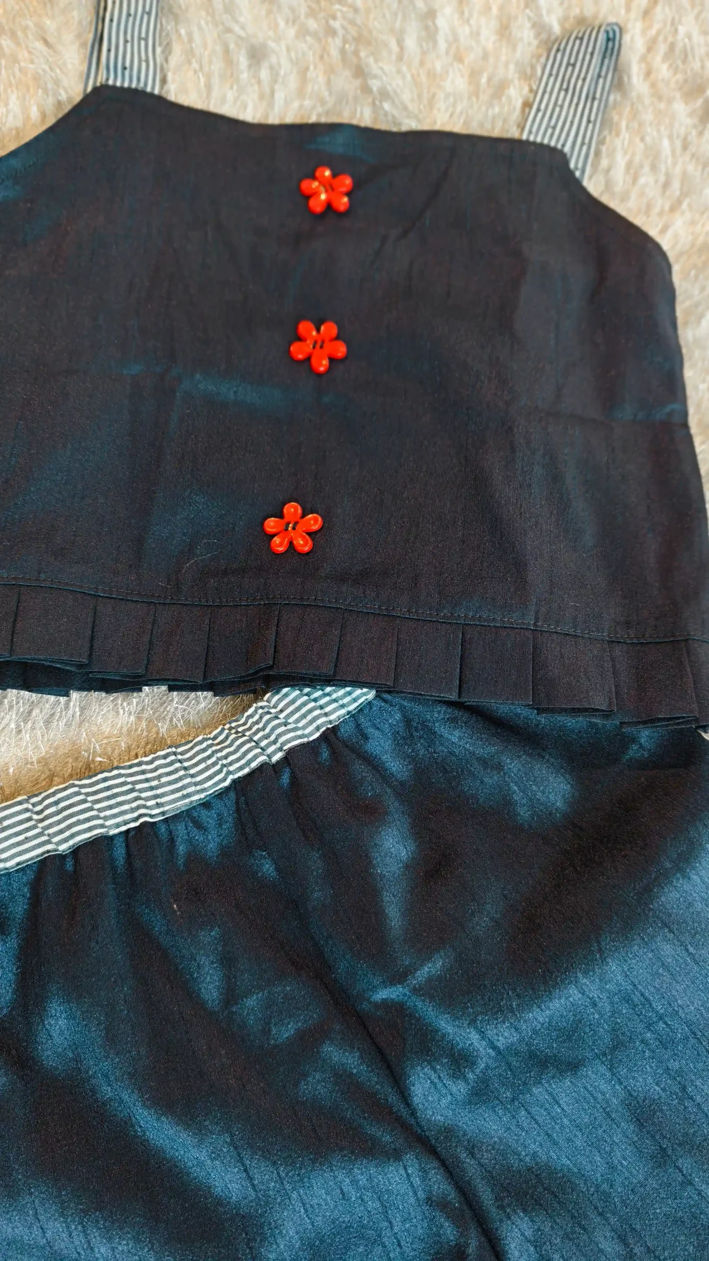 Navy Blue Raw Silk 2-Piece Dress with Red Floral Accents – Nine2Five Kids