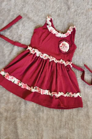 Wine Red Delta Fabric Kids Dress with Floral Ruffles – Nine2Five
