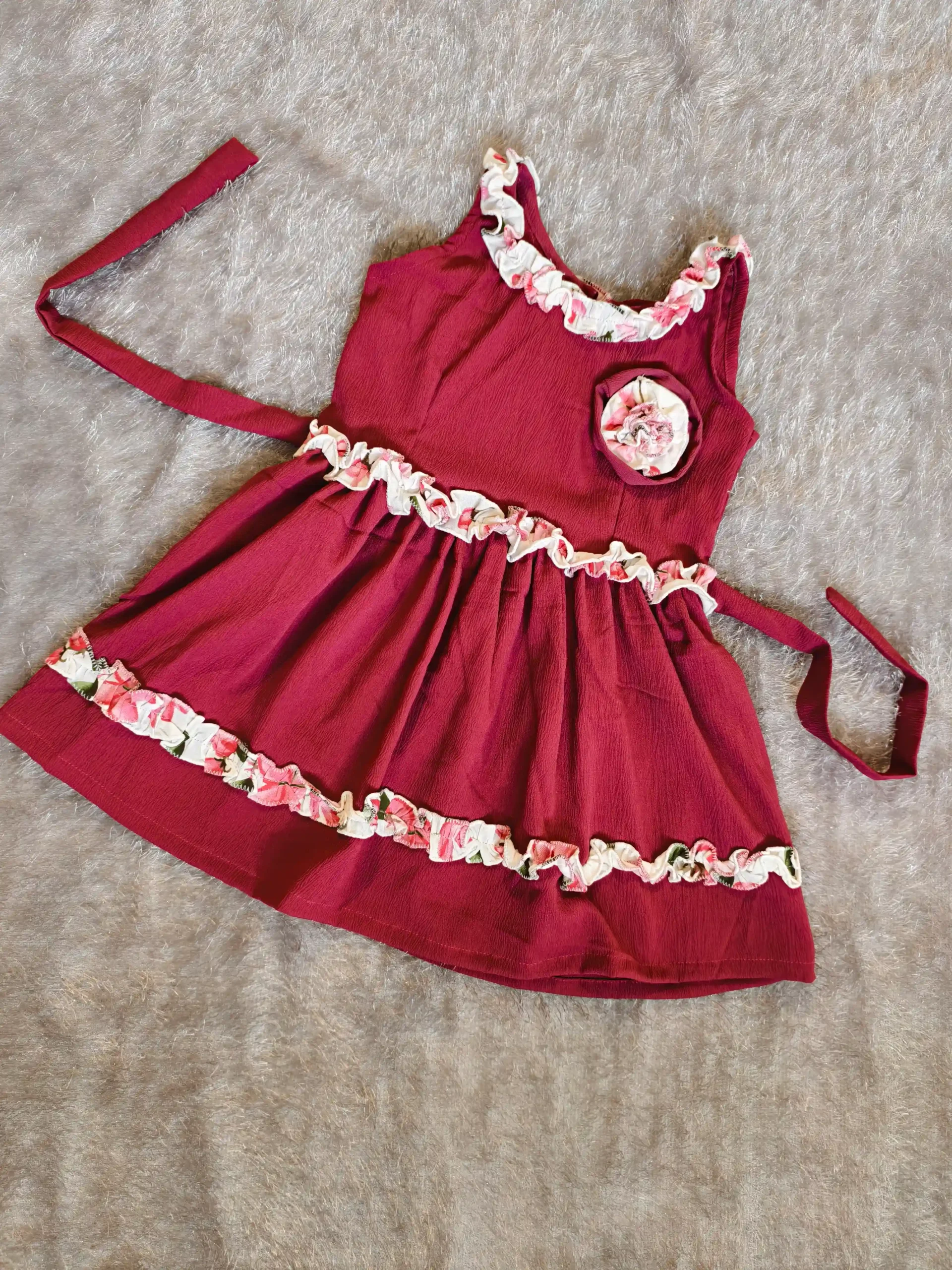 Wine Red Delta Fabric Kids Dress with Floral Ruffles – Nine2Five
